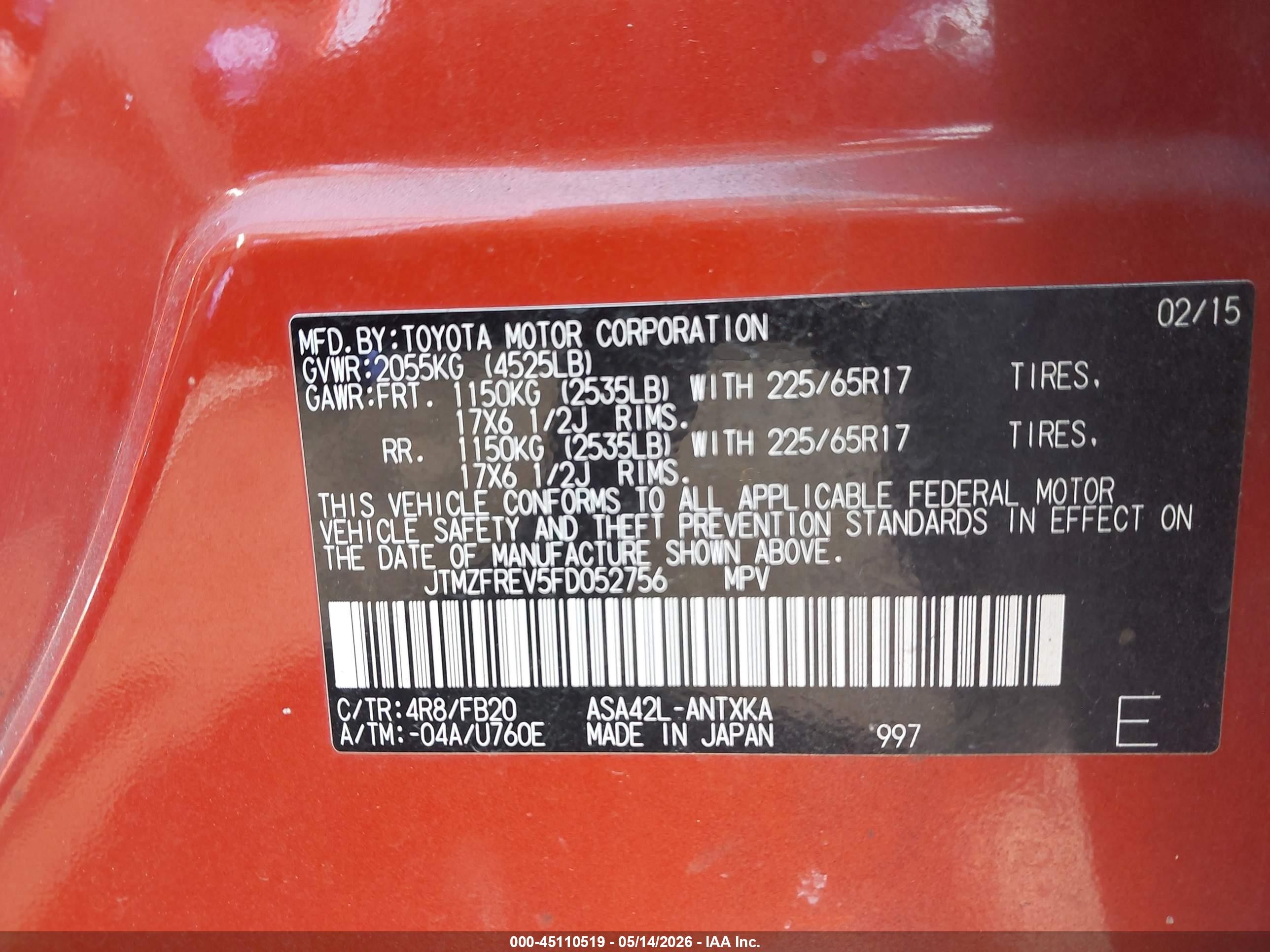 2015 Toyota Rav4 Le Orange vin: JTMZFREV5FD052756