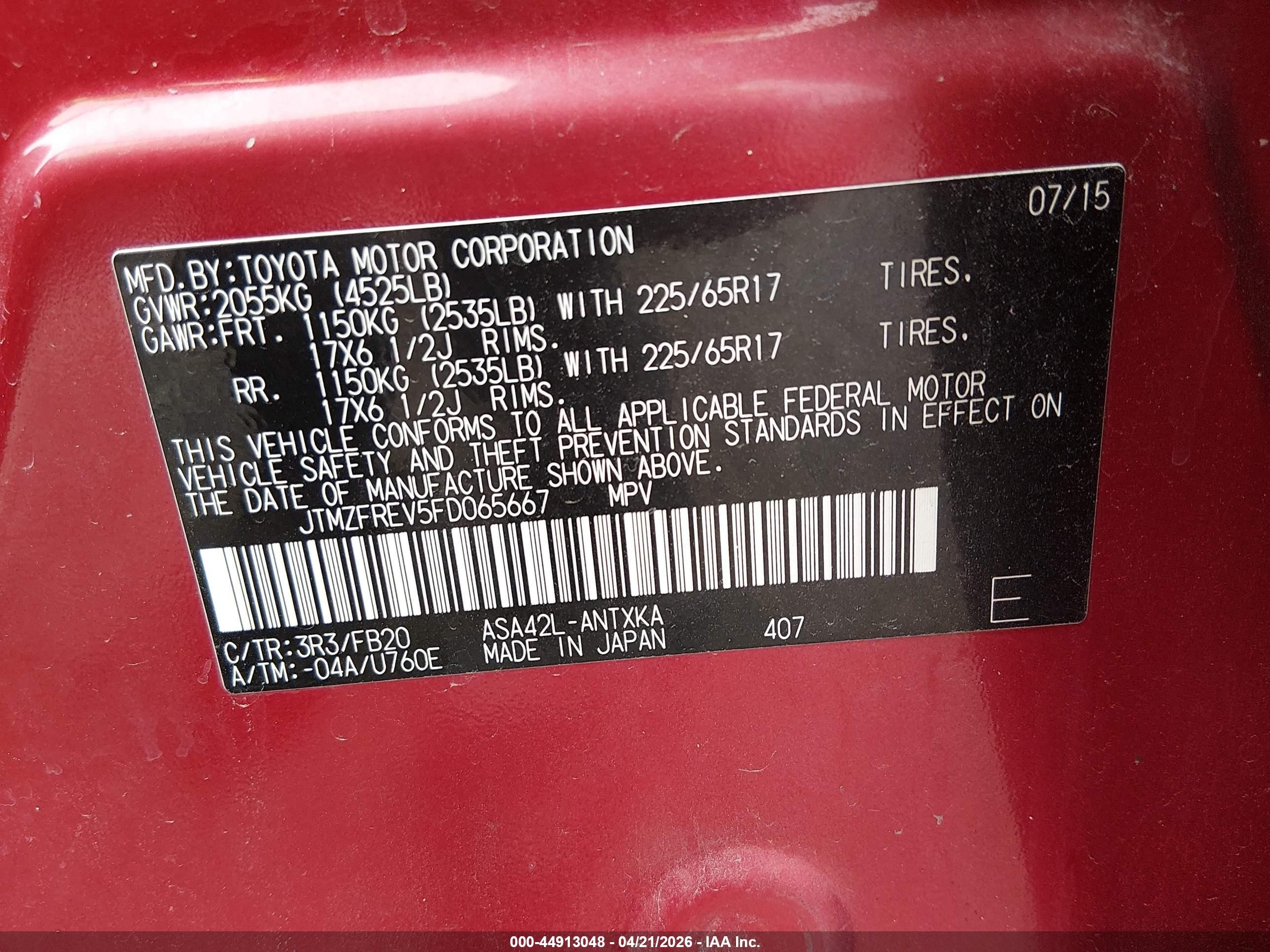 2015 Toyota Rav4 Le Red vin: JTMZFREV5FD065667