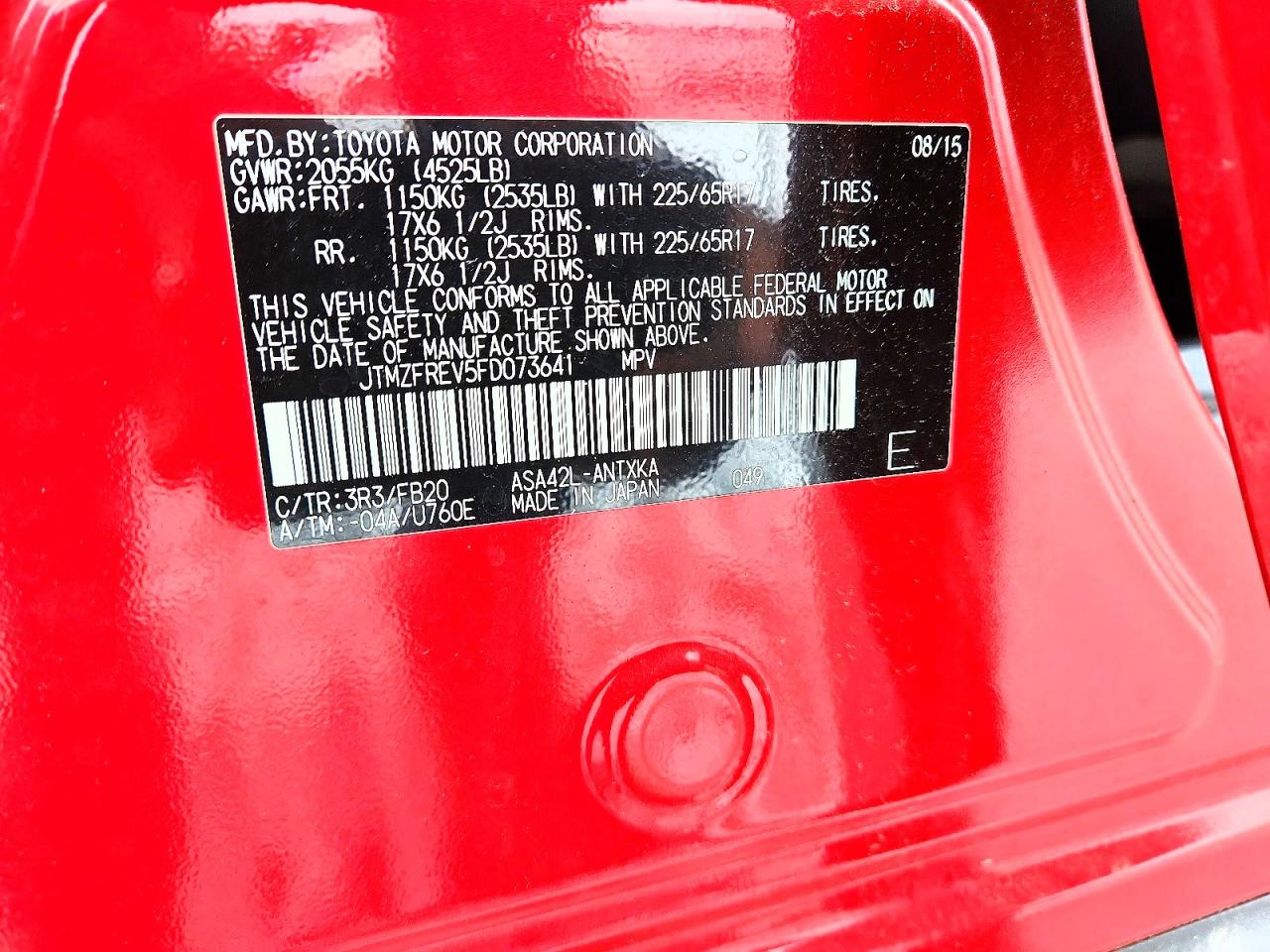 2015 Toyota Rav4 Le Red vin: JTMZFREV5FD073641