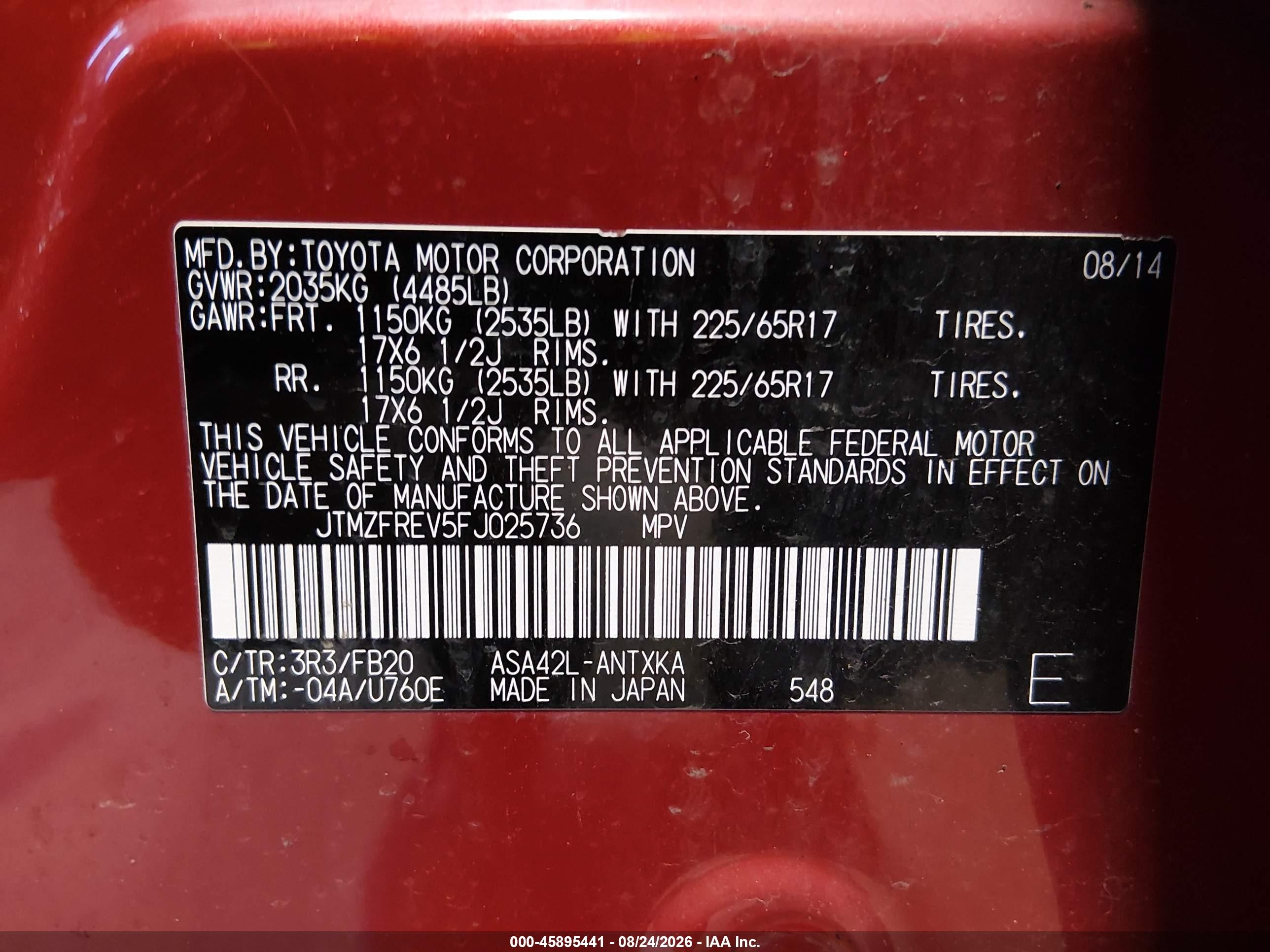 2015 Toyota Rav4 Le Red vin: JTMZFREV5FJ025736
