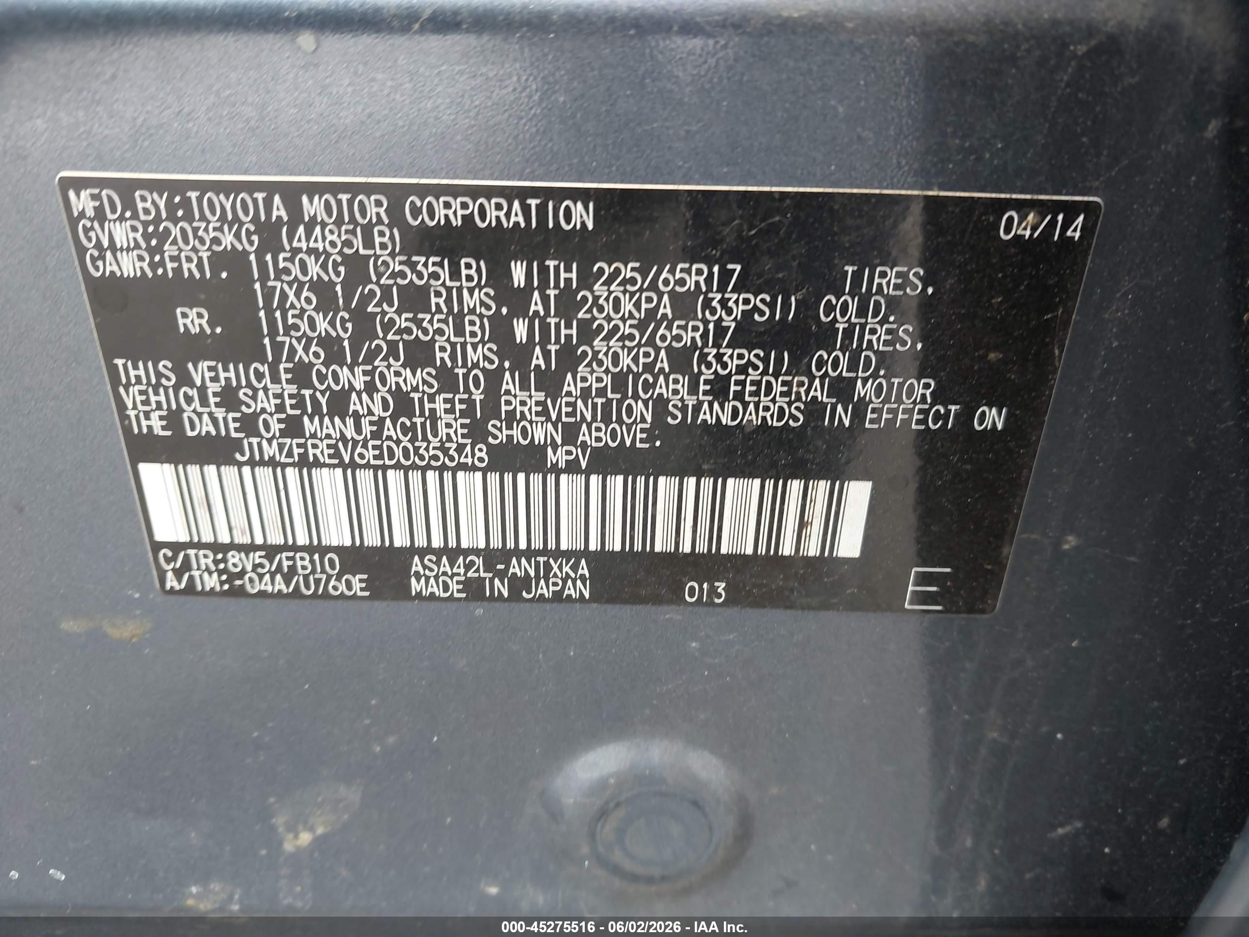 2014 Toyota Rav4 Le Blue vin: JTMZFREV6ED035348