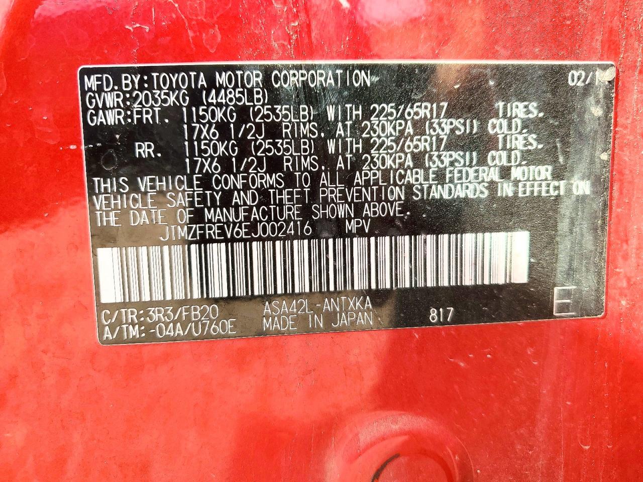 2014 Toyota Rav4 Le Red vin: JTMZFREV6EJ002416