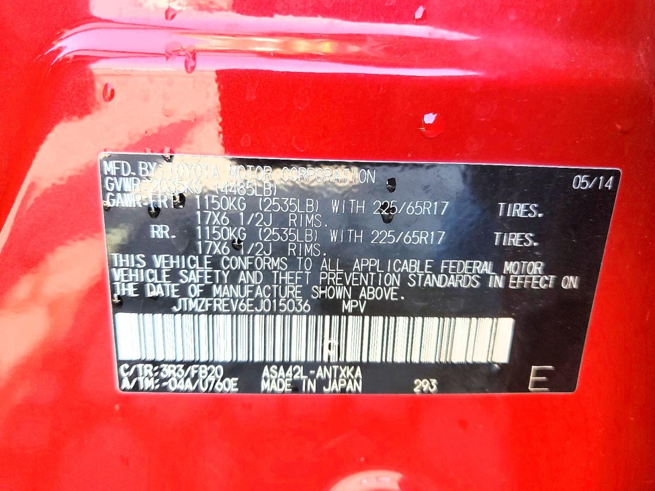 2014 Toyota Rav4 Le Red vin: JTMZFREV6EJ015036
