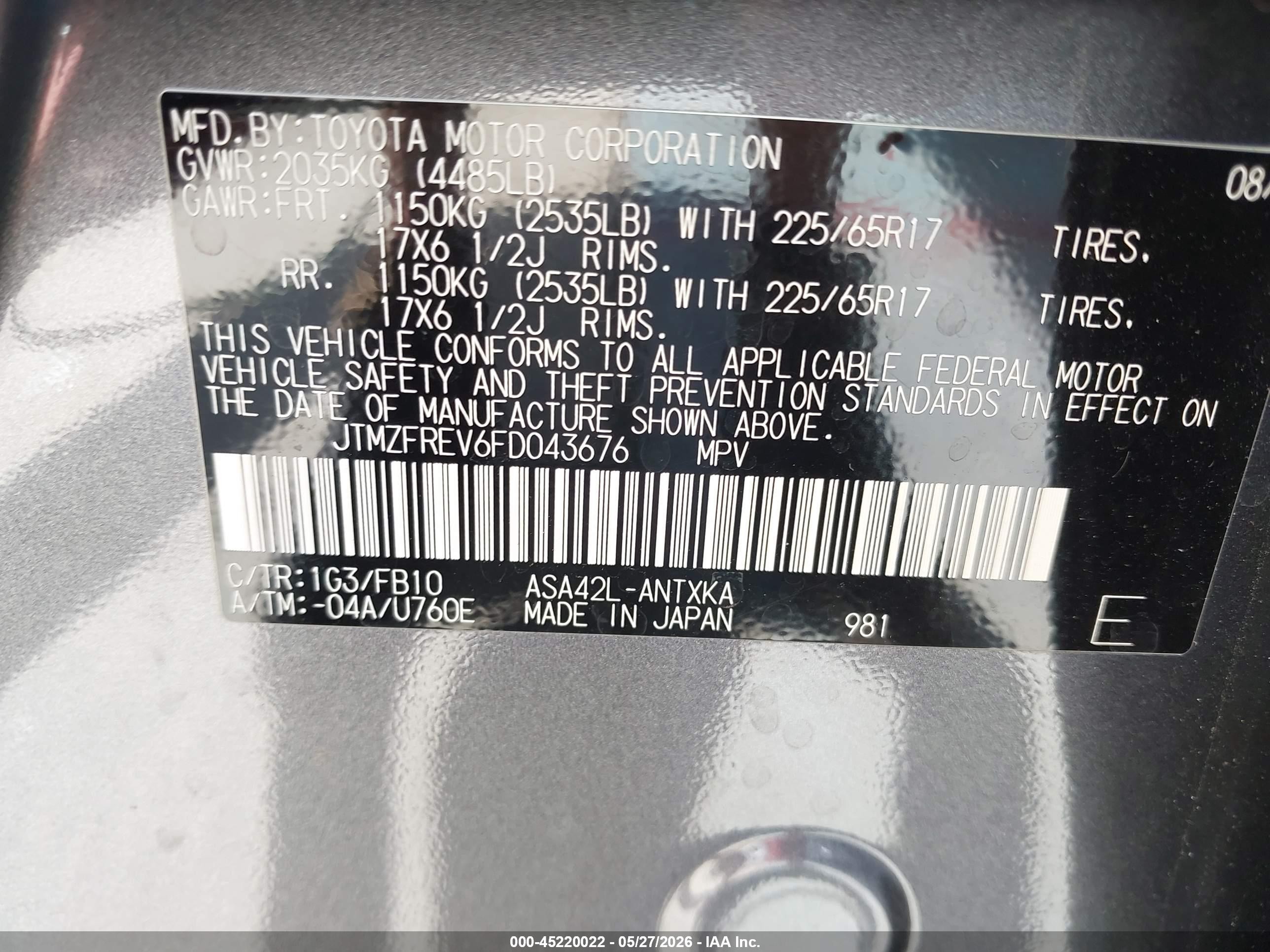 2015 Toyota Rav4 Le Gray vin: JTMZFREV6FD043676