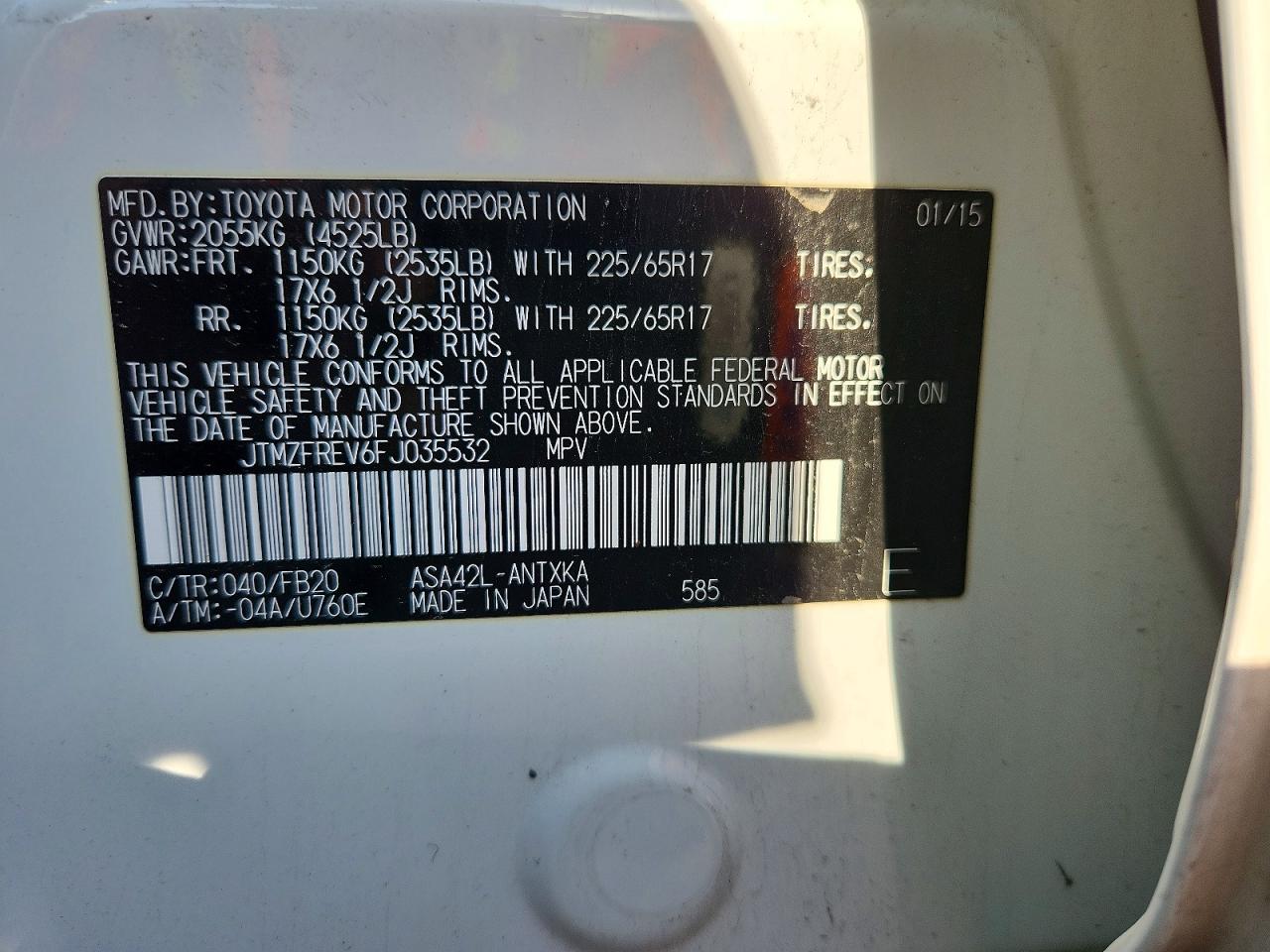 2015 Toyota Rav4 Le Белый vin: JTMZFREV6FJ035532