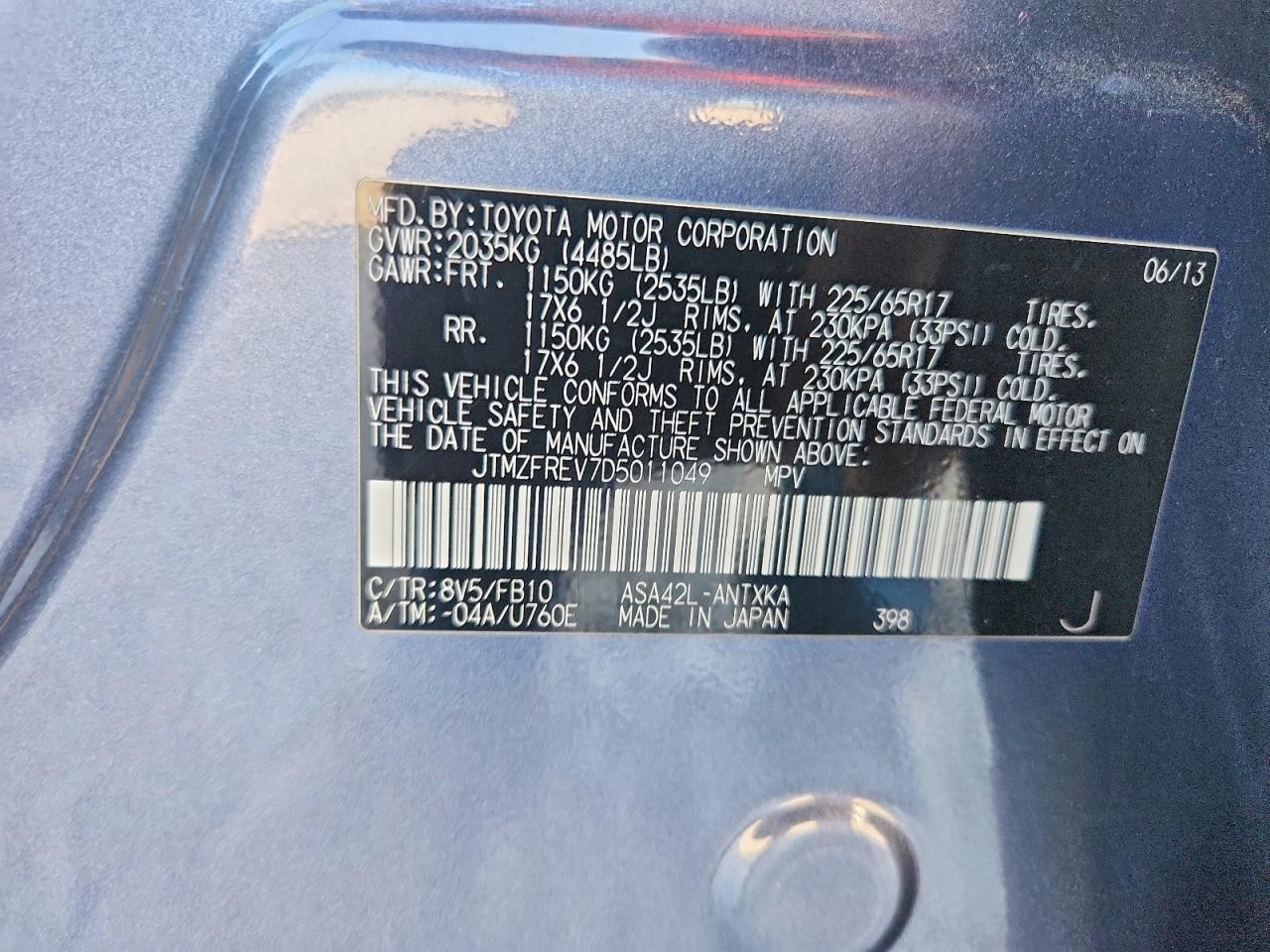 2013 Toyota Rav4 Le Blue vin: JTMZFREV7D5011049