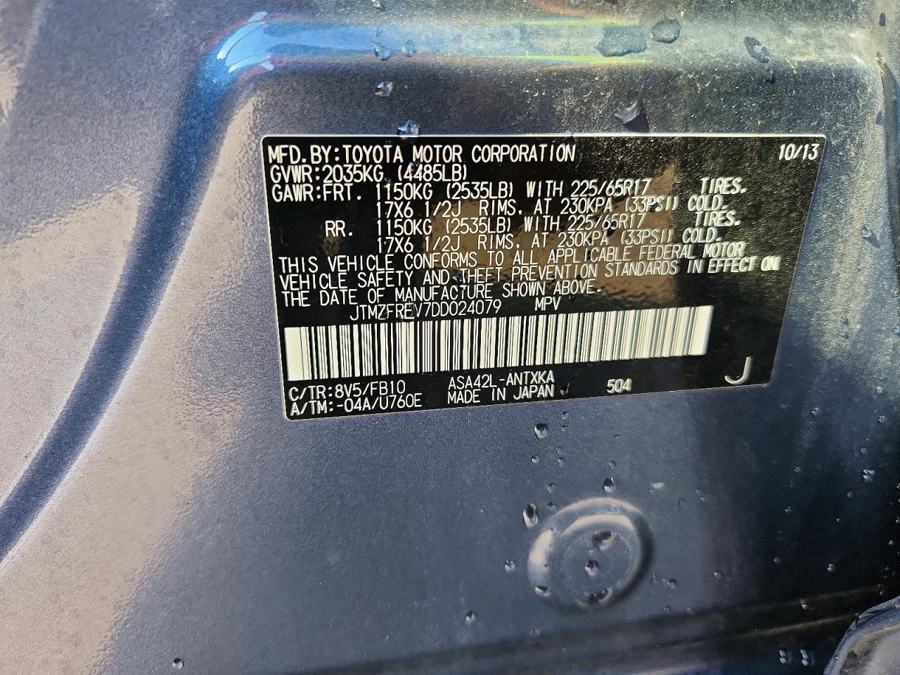 2013 Toyota Rav4 Le Charcoal vin: JTMZFREV7DD024079