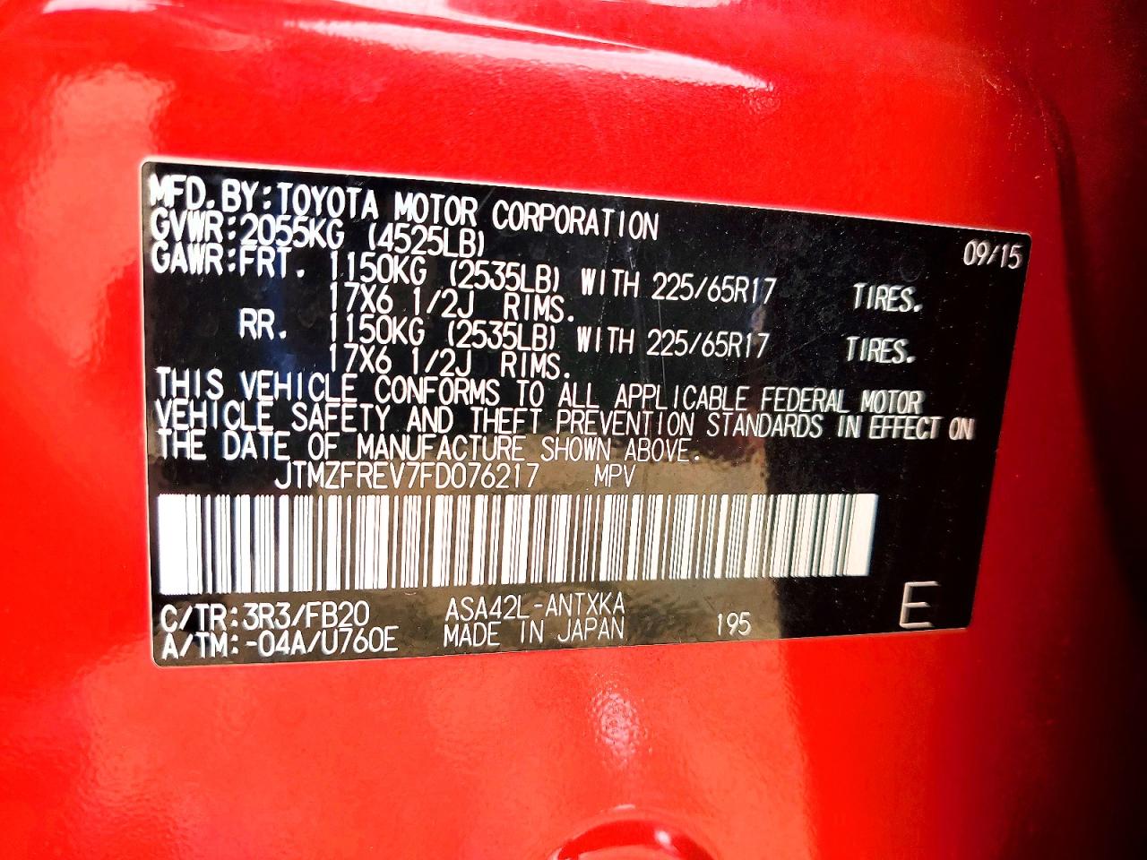 2015 Toyota Rav4 Le Red vin: JTMZFREV7FD076217