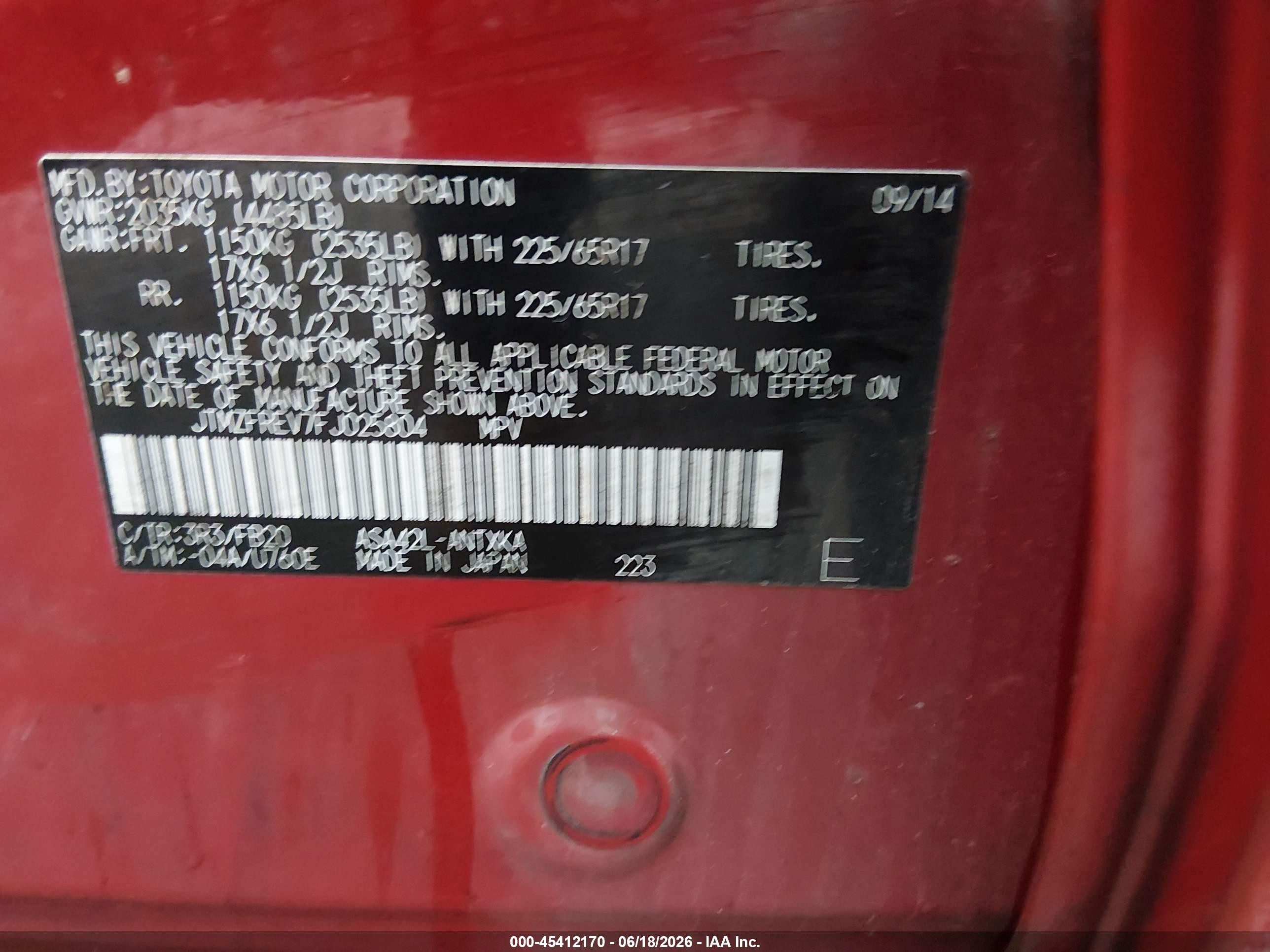 2015 Toyota Rav4 Le Red vin: JTMZFREV7FJ025804