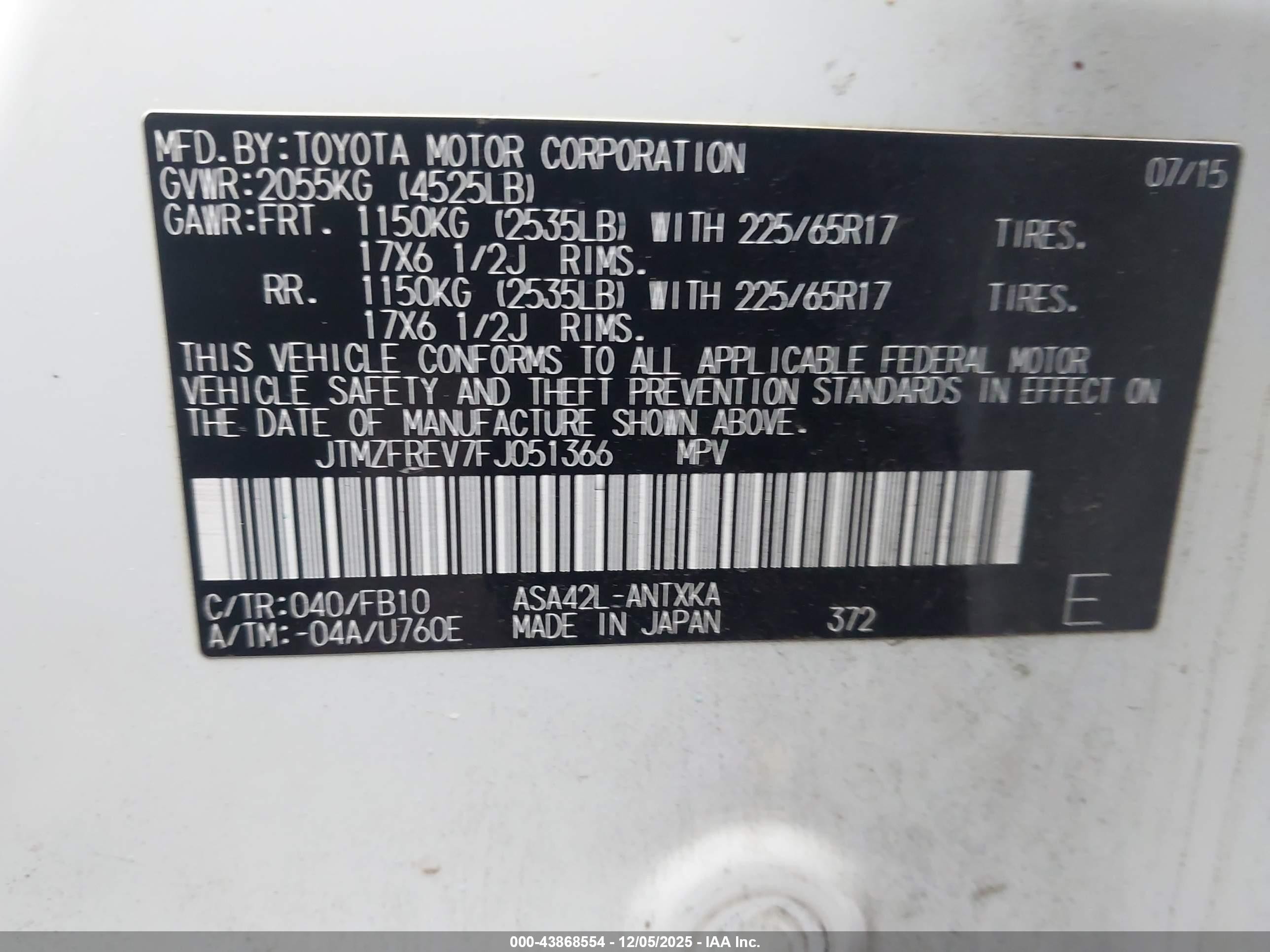 2015 Toyota Rav4 Le Белый vin: JTMZFREV7FJ051366