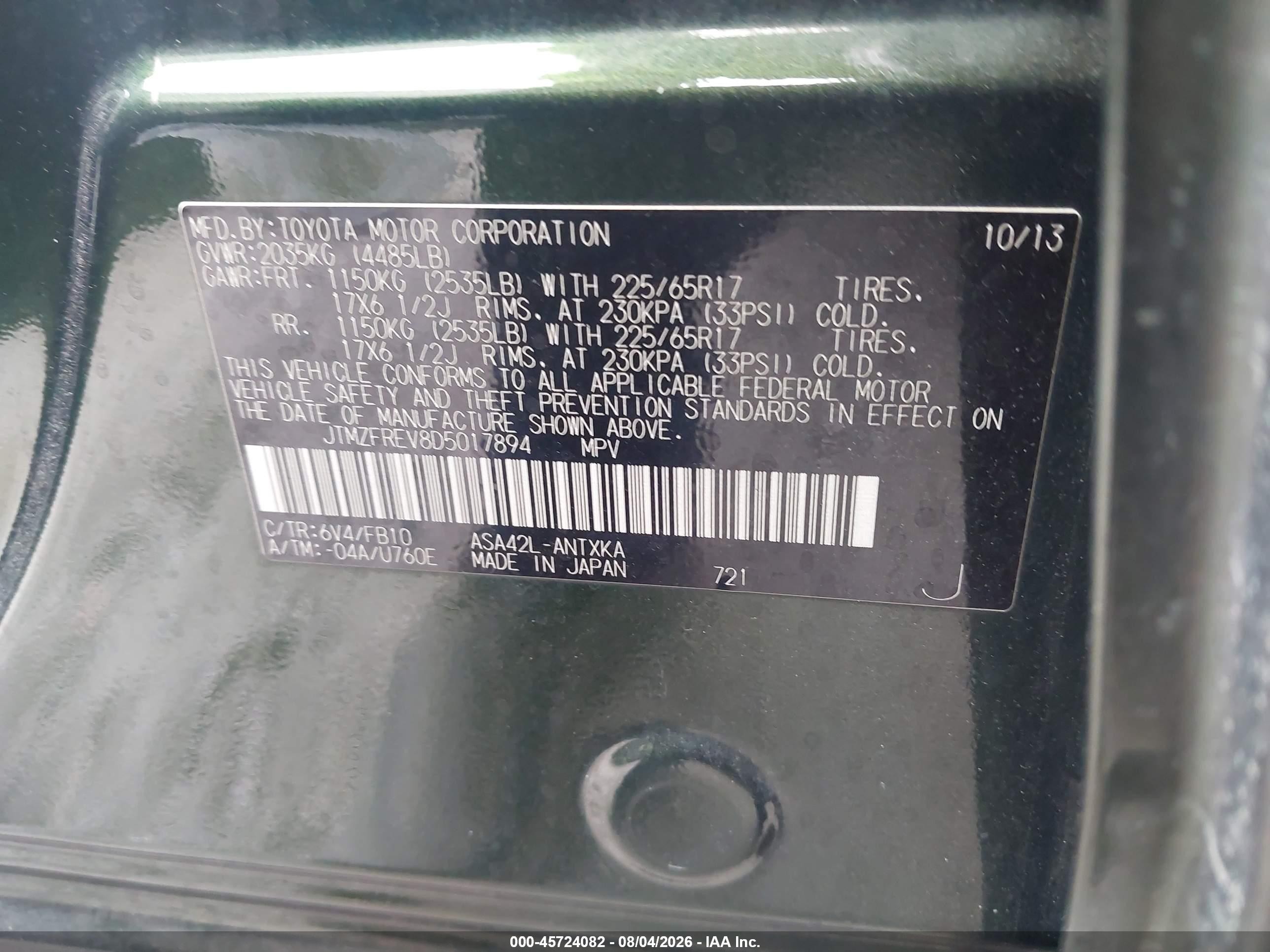 2013 Toyota Rav4 Le Green vin: JTMZFREV8D5017894