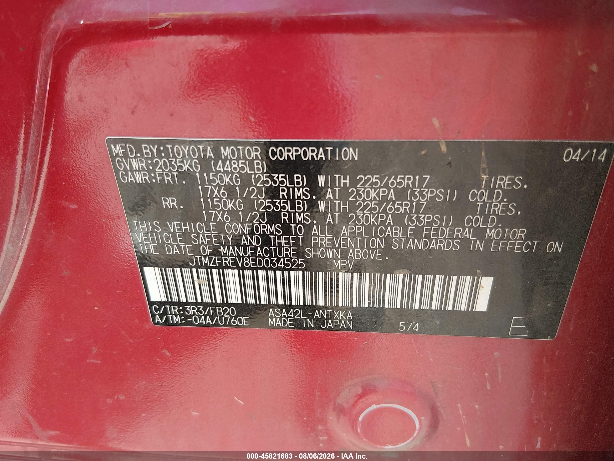 2014 Toyota Rav4 Le Red vin: JTMZFREV8ED034525