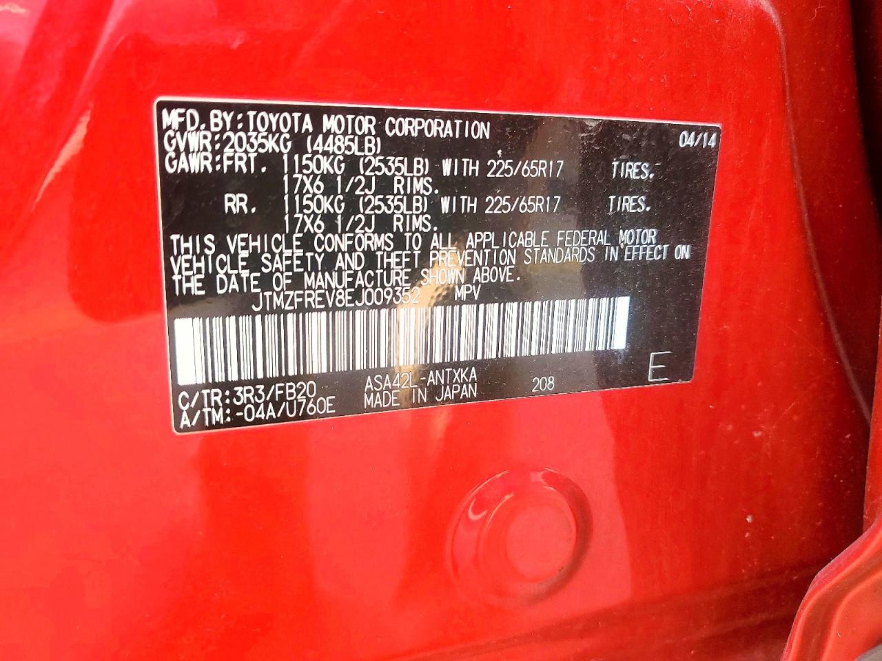 2014 Toyota Rav4 Le Red vin: JTMZFREV8EJ009352