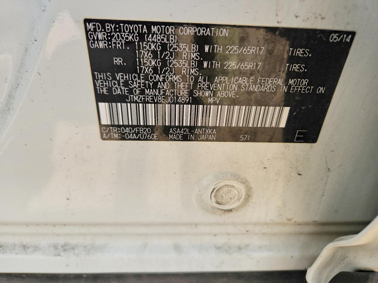 2014 Toyota Rav4 Le Белый vin: JTMZFREV8EJ014891