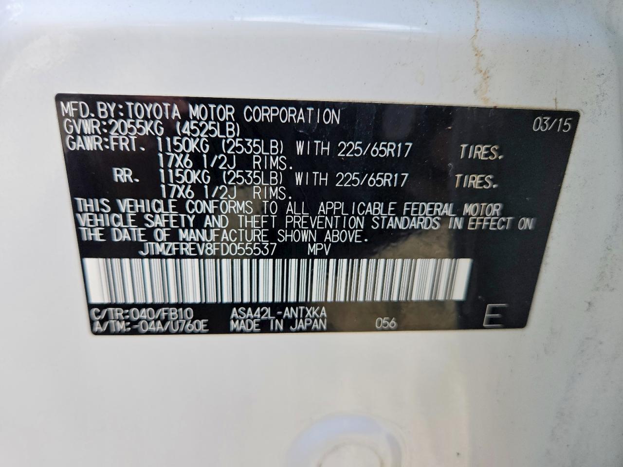 2015 Toyota Rav4 Le Белый vin: JTMZFREV8FD055537