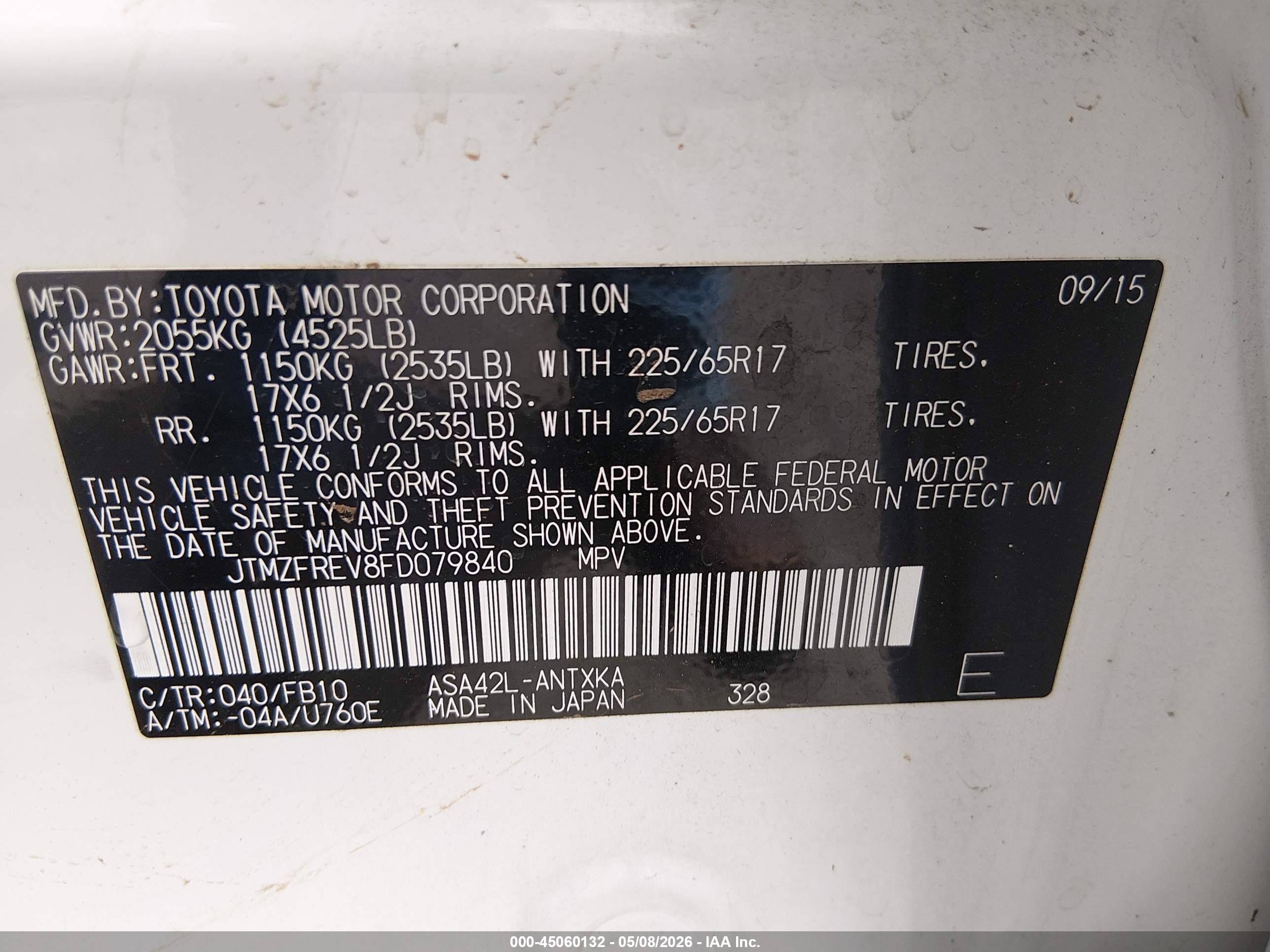 2015 Toyota Rav4 Le White vin: JTMZFREV8FD079840