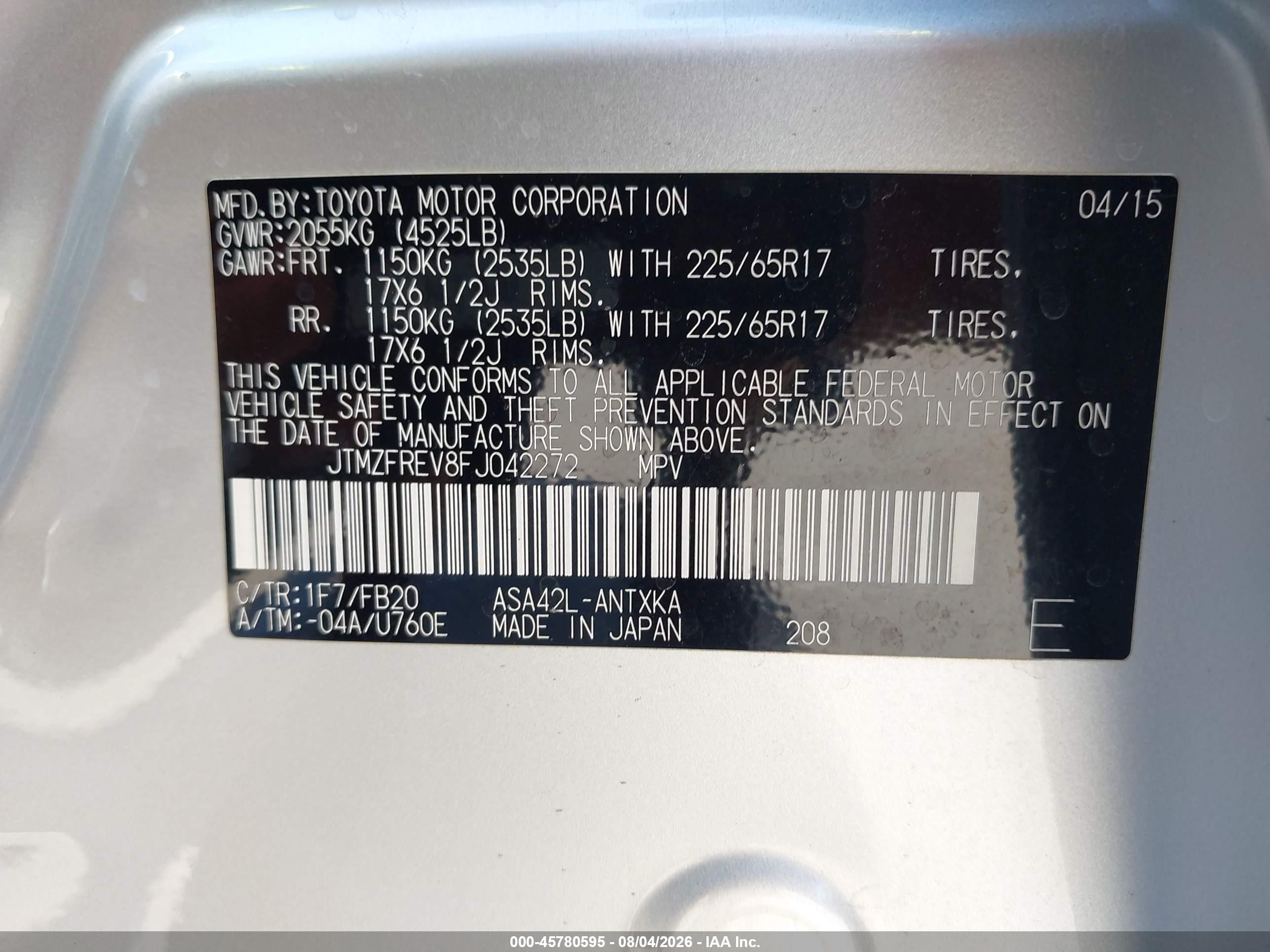 2015 Toyota Rav4 Le Silver vin: JTMZFREV8FJ042272