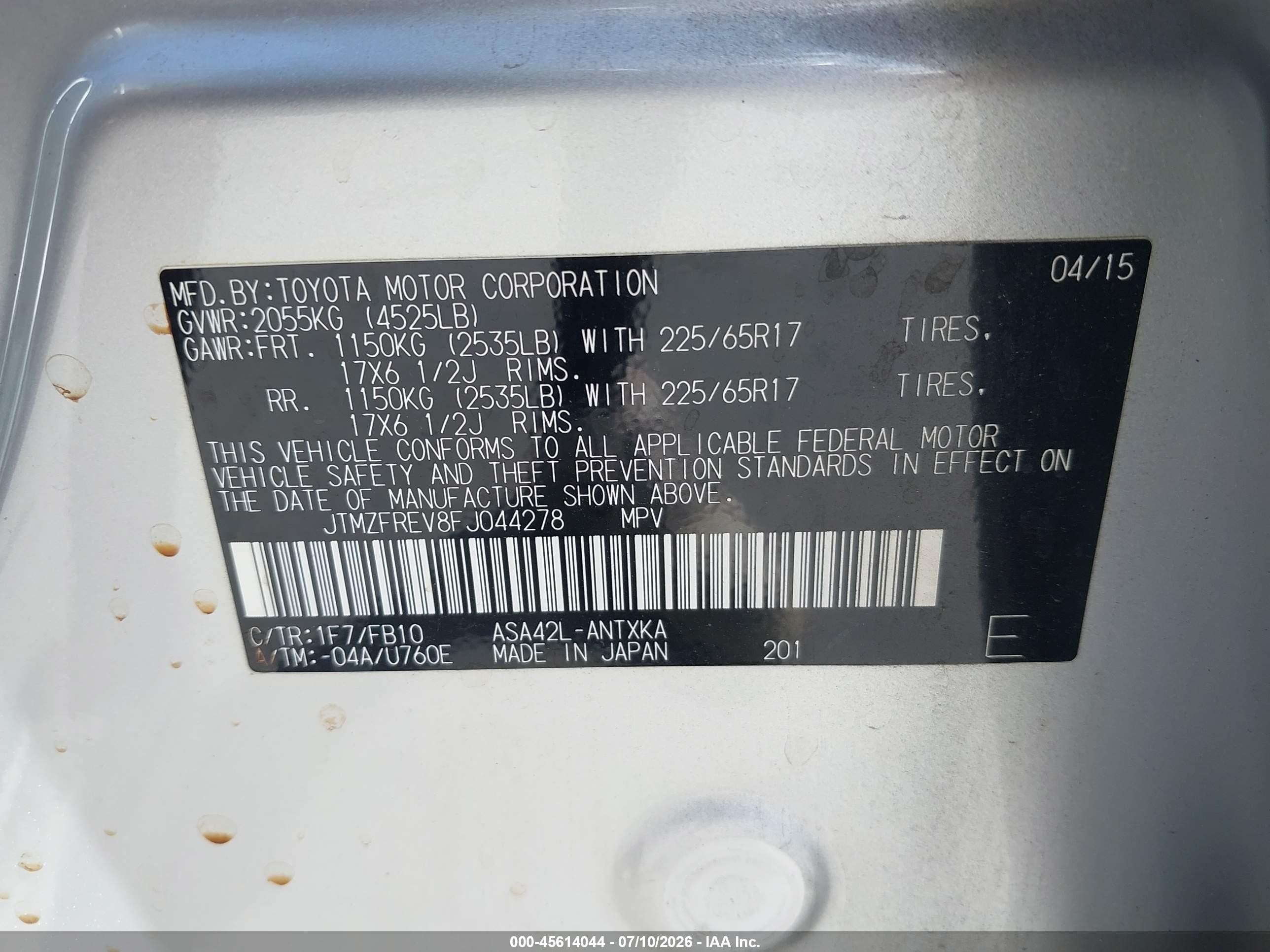 2015 Toyota Rav4 Le Silver vin: JTMZFREV8FJ044278