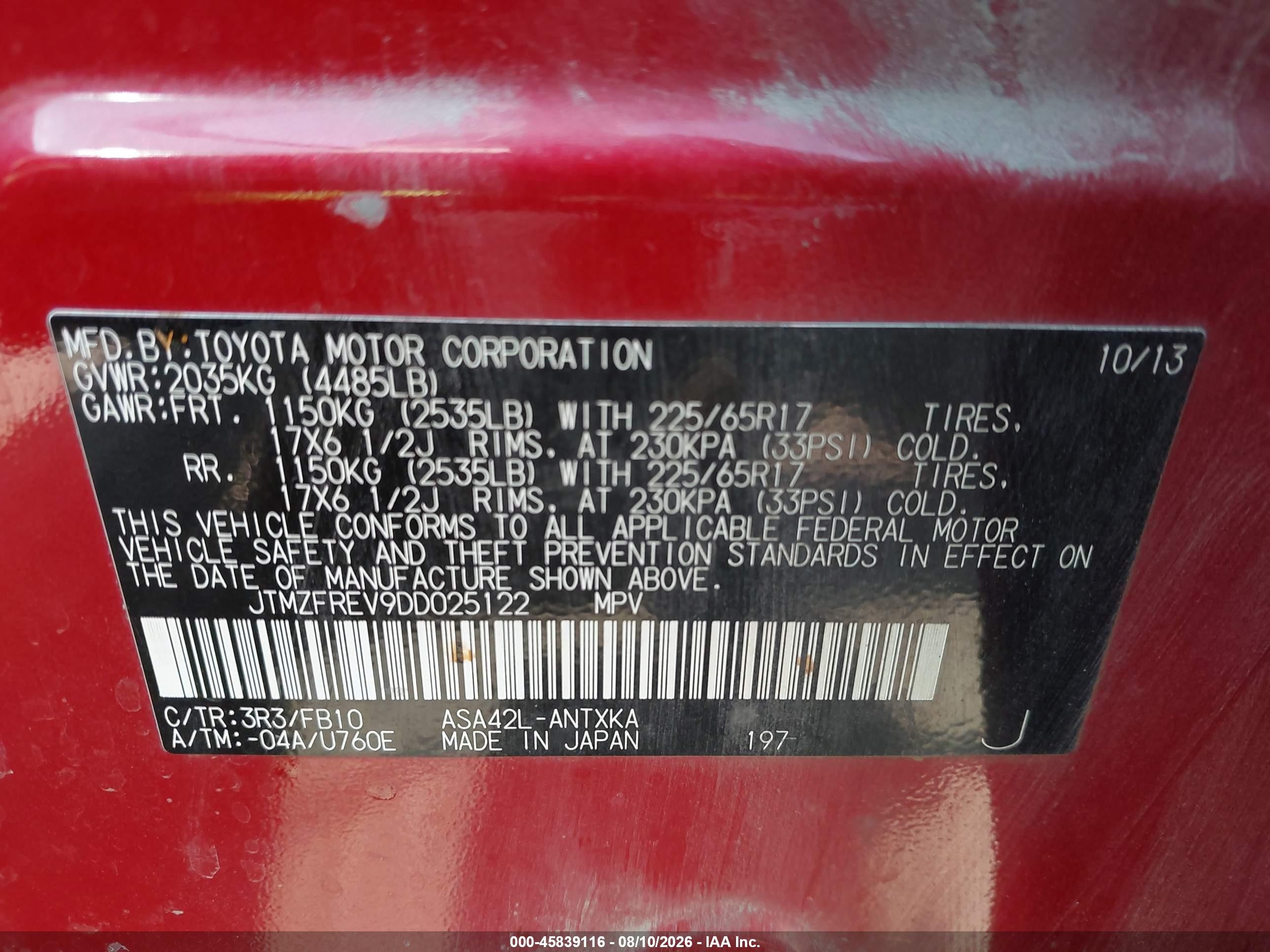 2013 Toyota Rav4 Le Red vin: JTMZFREV9DD025122