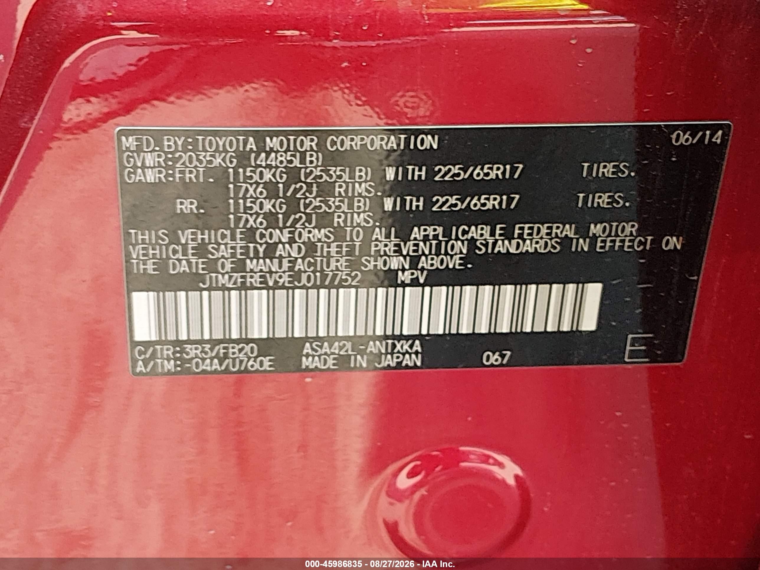 2014 Toyota Rav4 Le Red vin: JTMZFREV9EJ017752