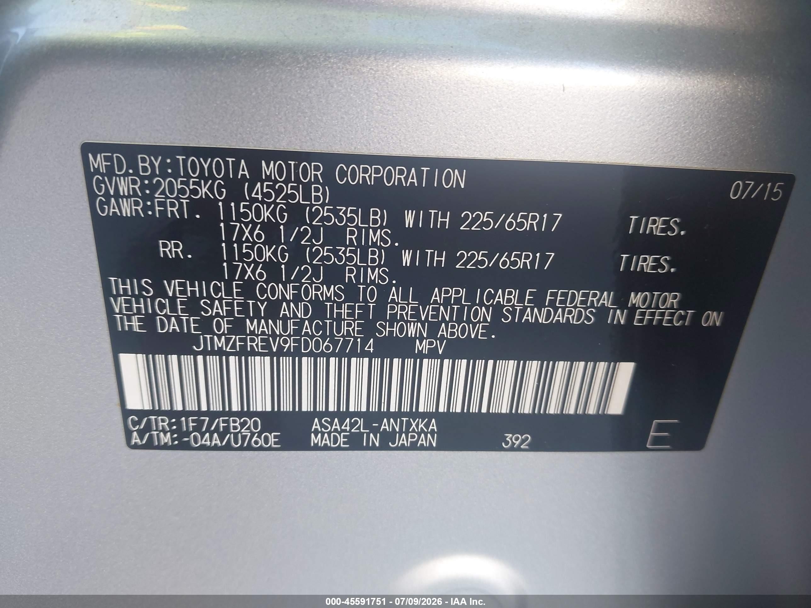 2015 Toyota Rav4 Le Silver vin: JTMZFREV9FD067714