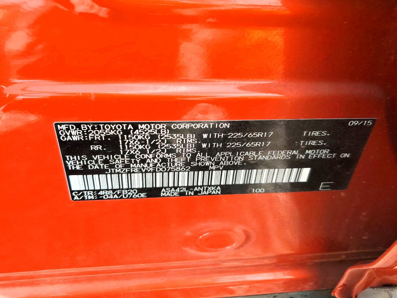 2015 Toyota Rav4 Le Red vin: JTMZFREV9FD075862