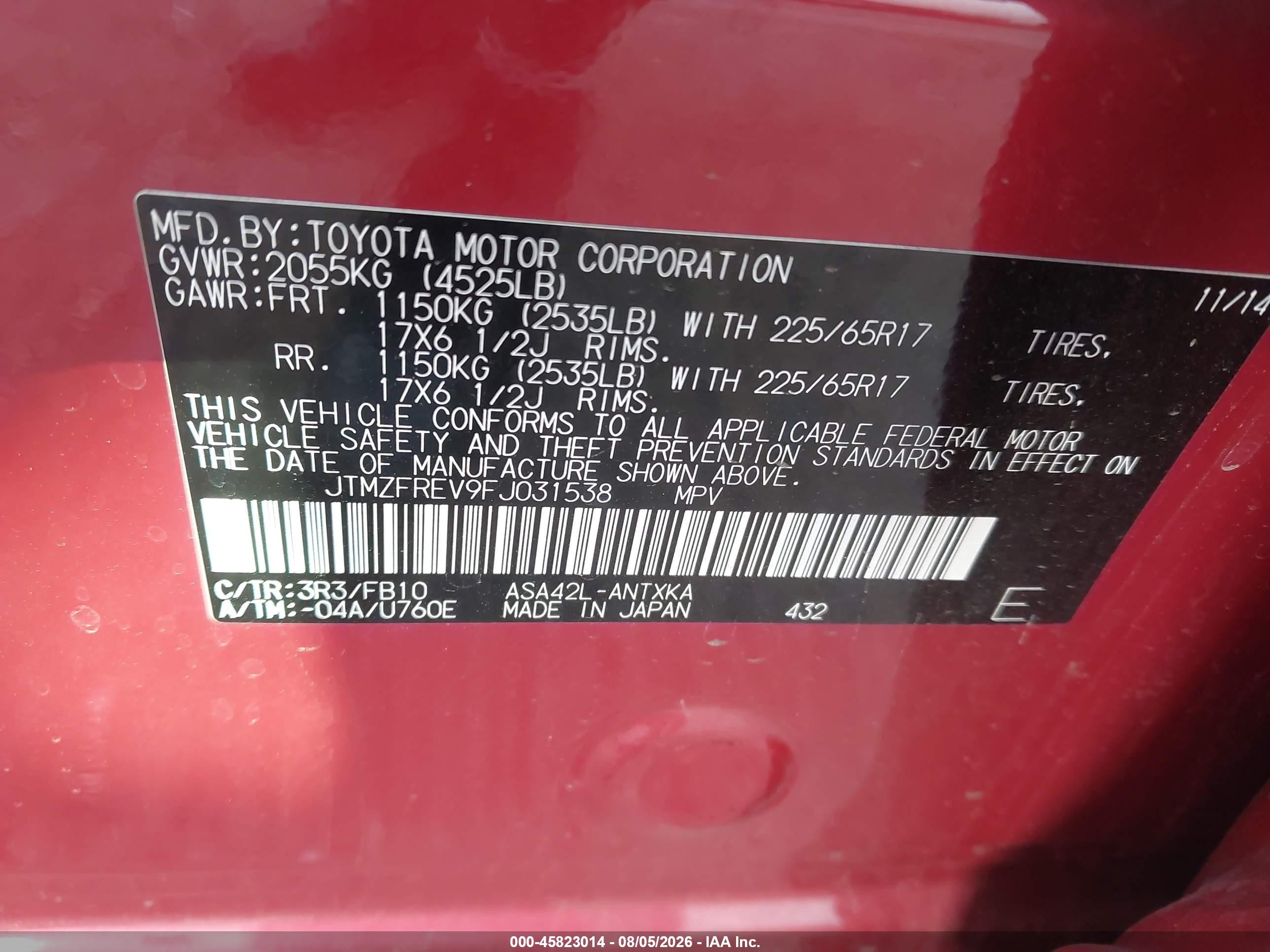 2015 Toyota Rav4 Le Red vin: JTMZFREV9FJ031538