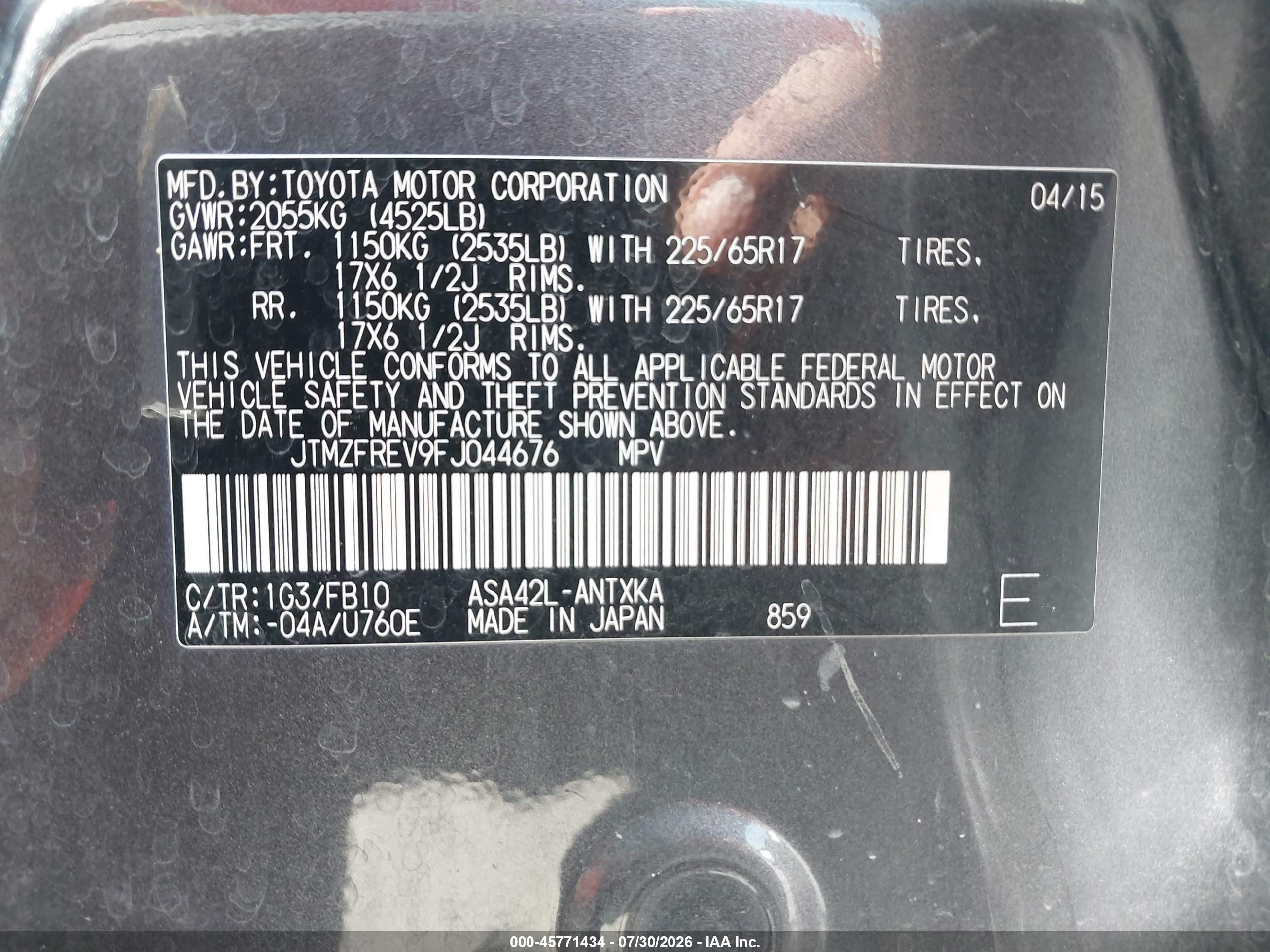 2015 Toyota Rav4 Le Gray vin: JTMZFREV9FJ044676