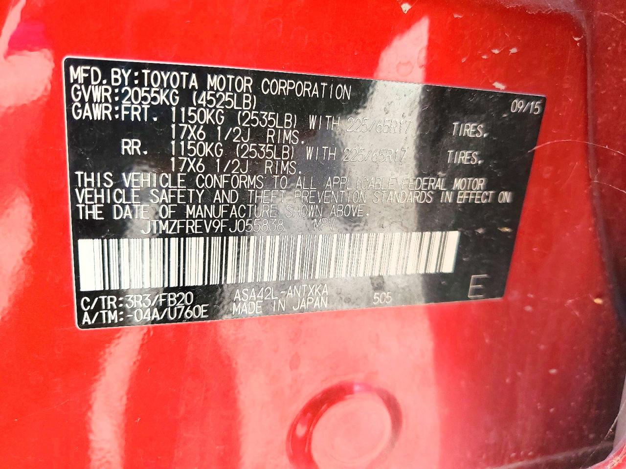 2015 Toyota Rav4 Le Red vin: JTMZFREV9FJ055838
