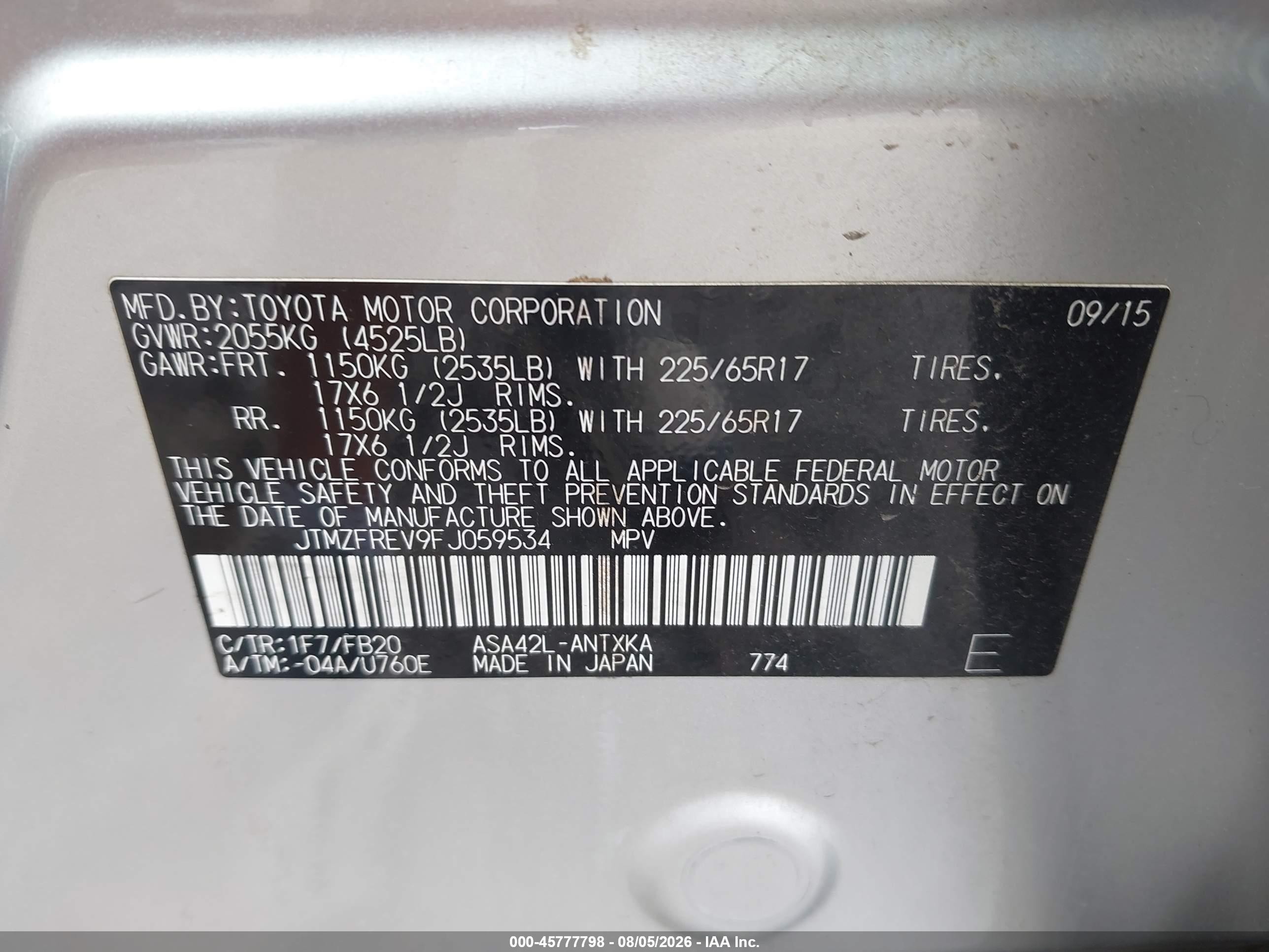 2015 Toyota Rav4 Le Silver vin: JTMZFREV9FJ059534