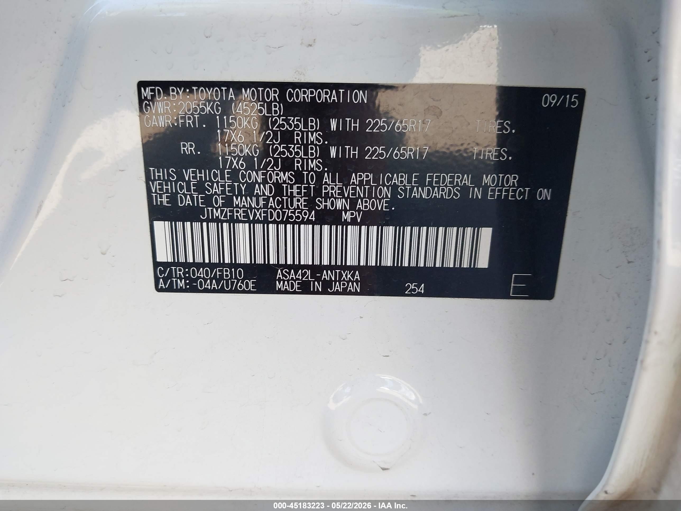 2015 Toyota Rav4 Le White vin: JTMZFREVXFD075594