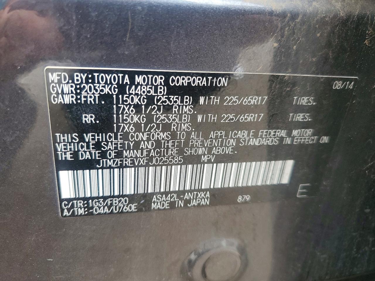 2015 Toyota Rav4 Le Gray vin: JTMZFREVXFJ025585