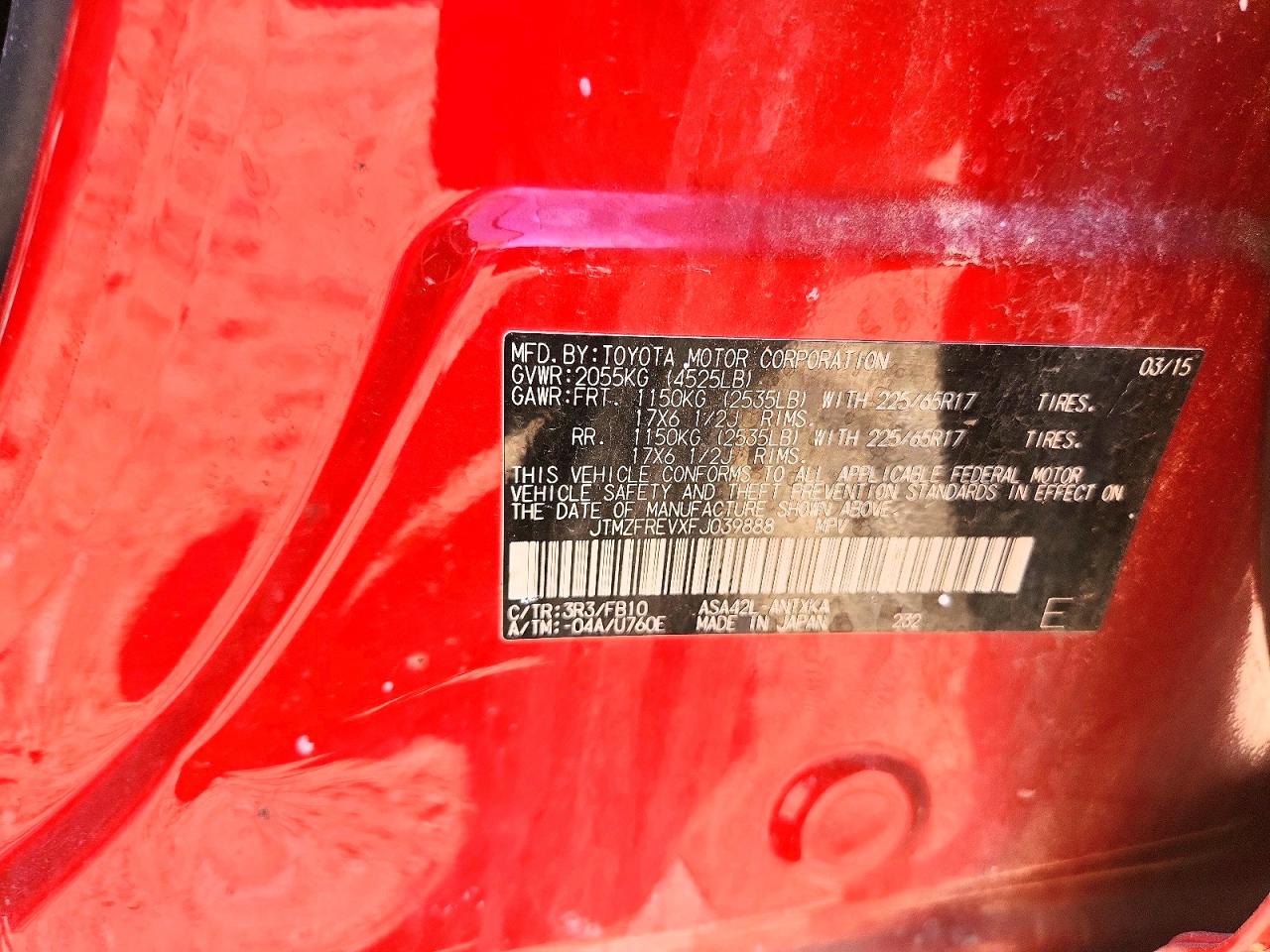 2015 Toyota Rav4 Le Red vin: JTMZFREVXFJ039888