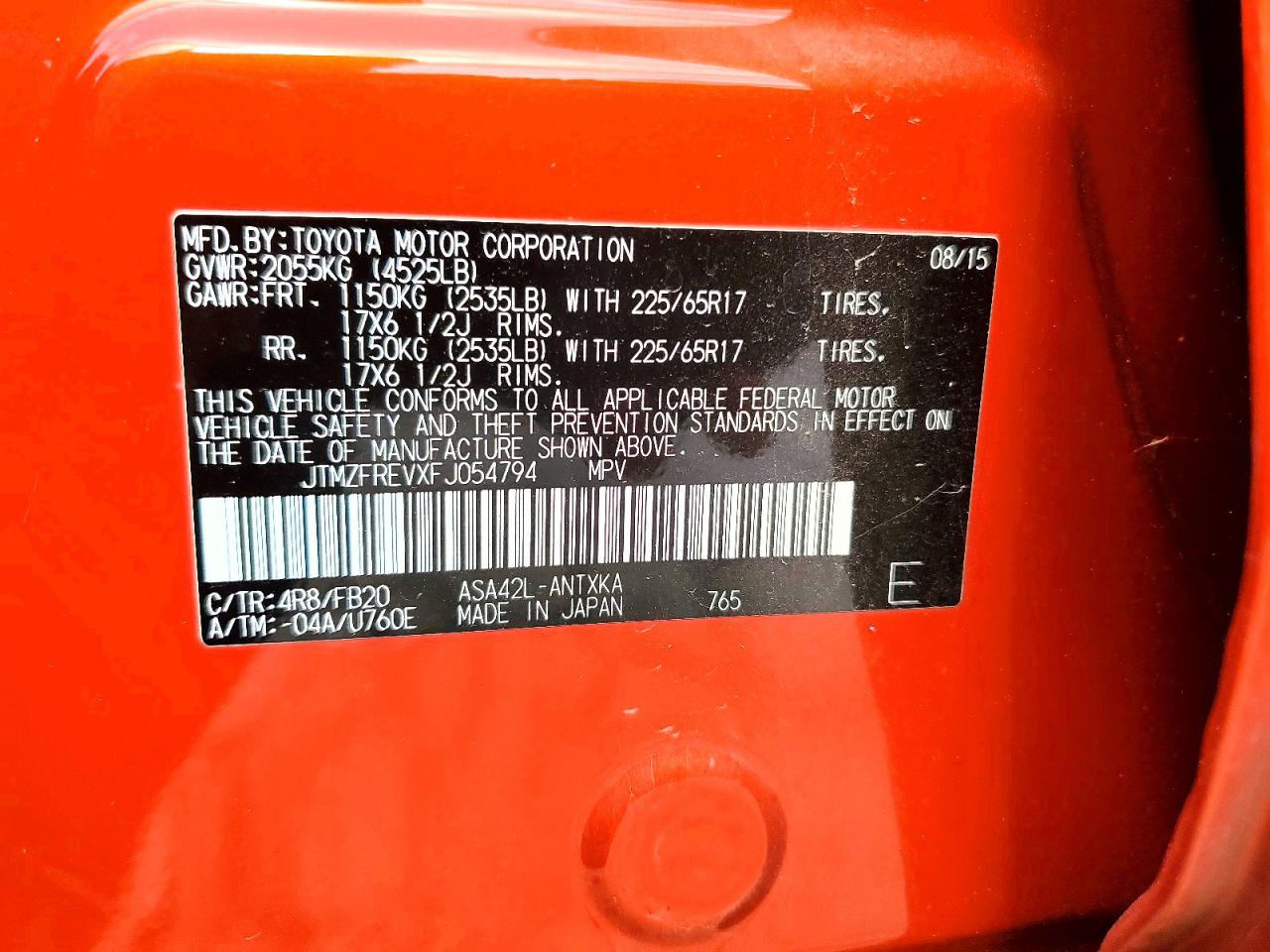 2015 Toyota Rav4 Le Orange vin: JTMZFREVXFJ054794