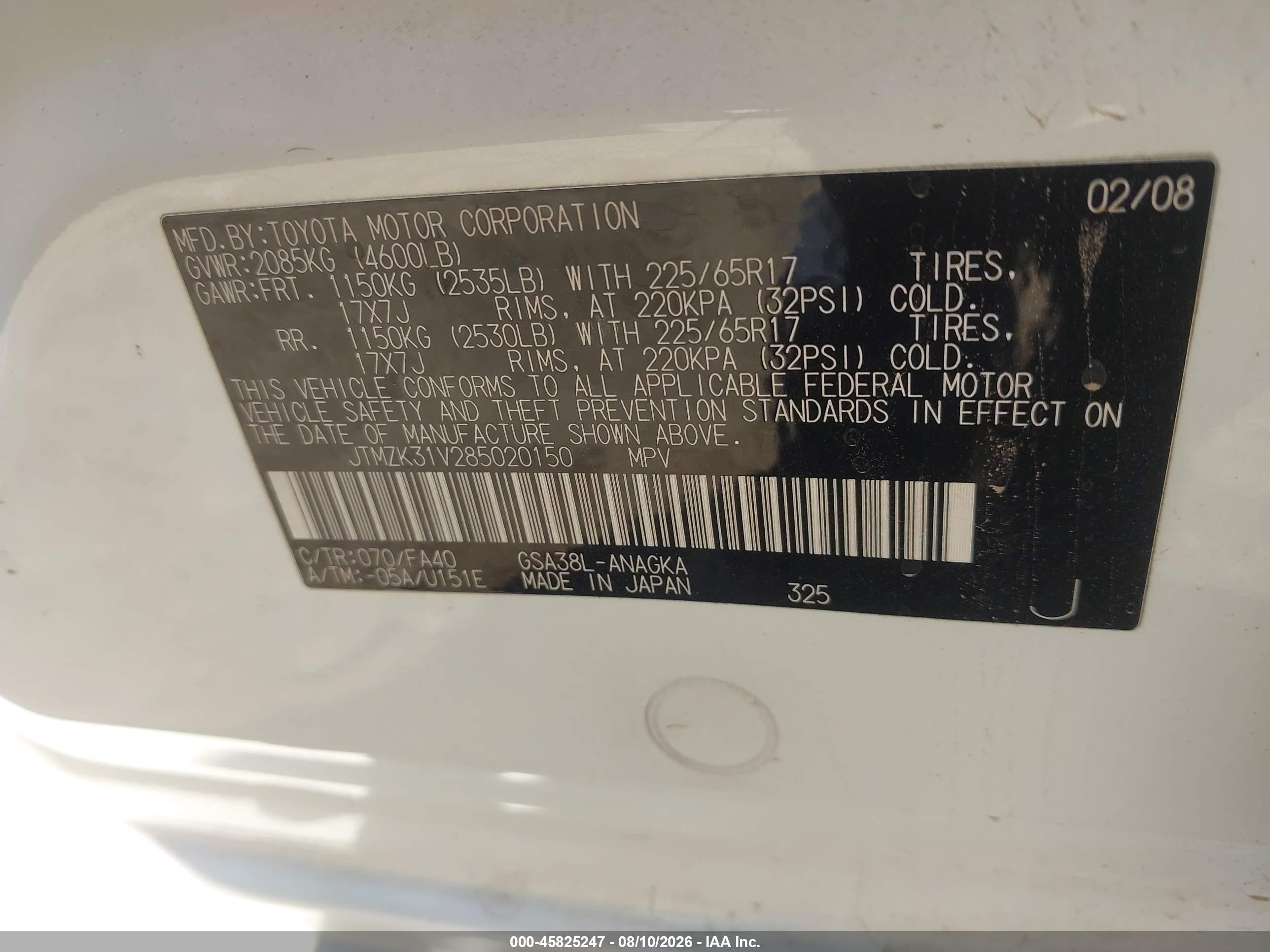 2008 Toyota Rav4 Limited V6 White vin: JTMZK31V285020150