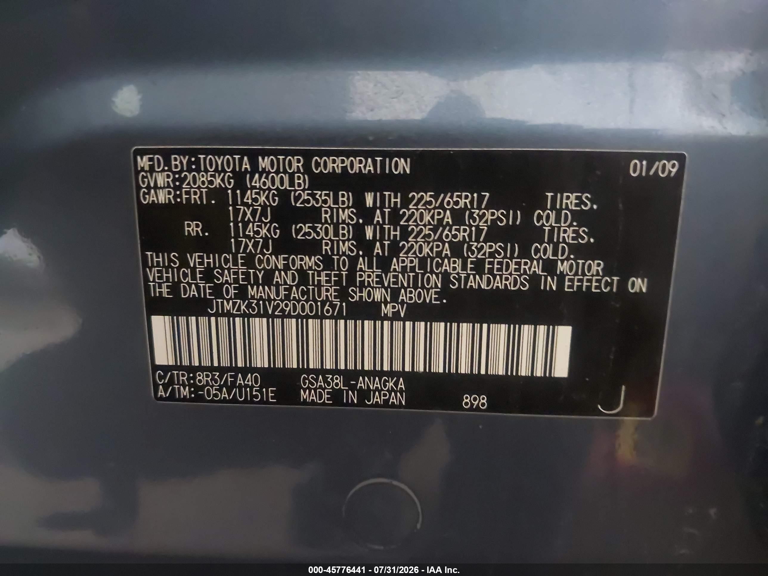 2009 Toyota Rav4 Limited V6 Blue vin: JTMZK31V29D001671
