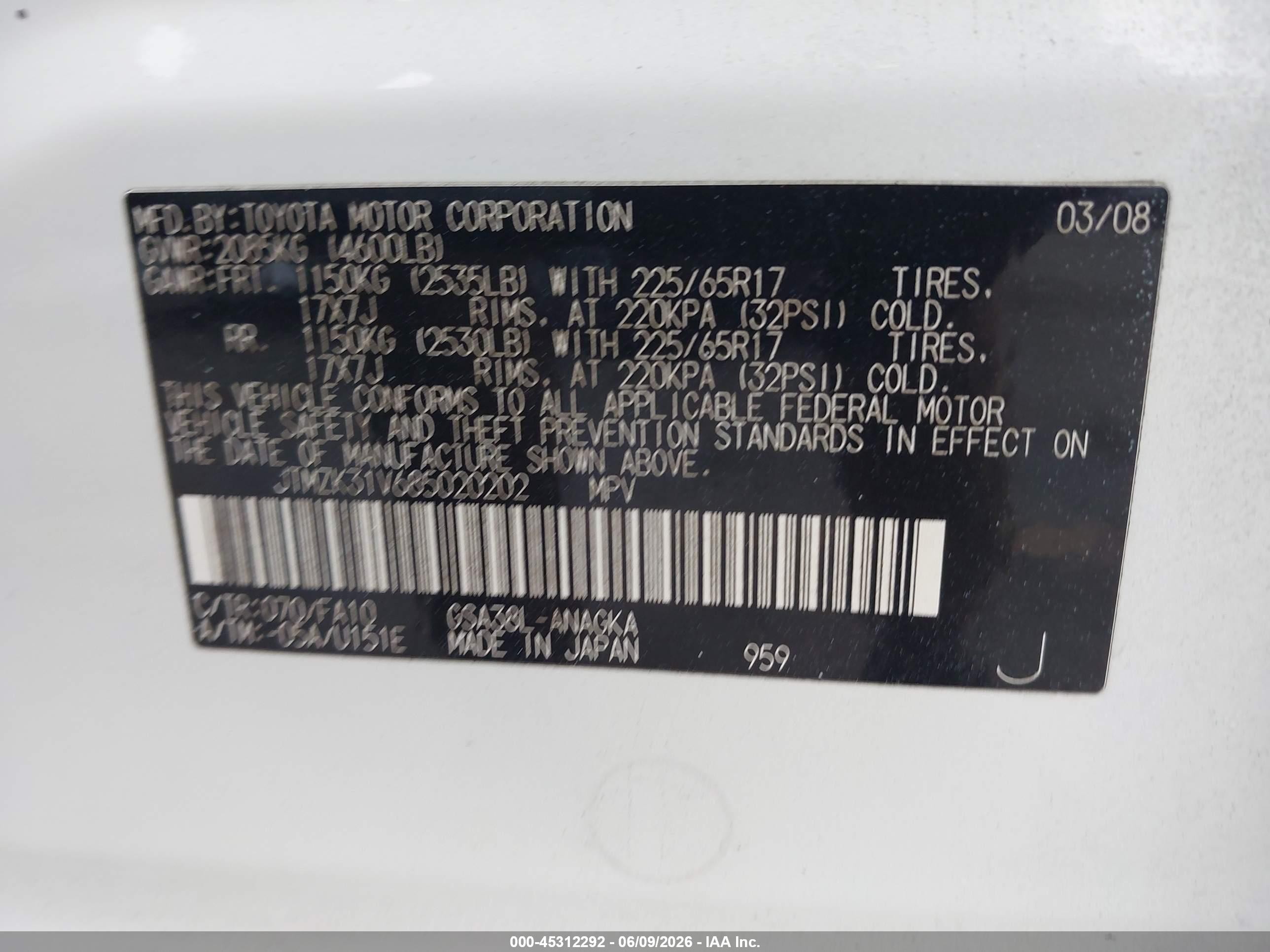 2008 Toyota Rav4 Limited V6 White vin: JTMZK31V685020202