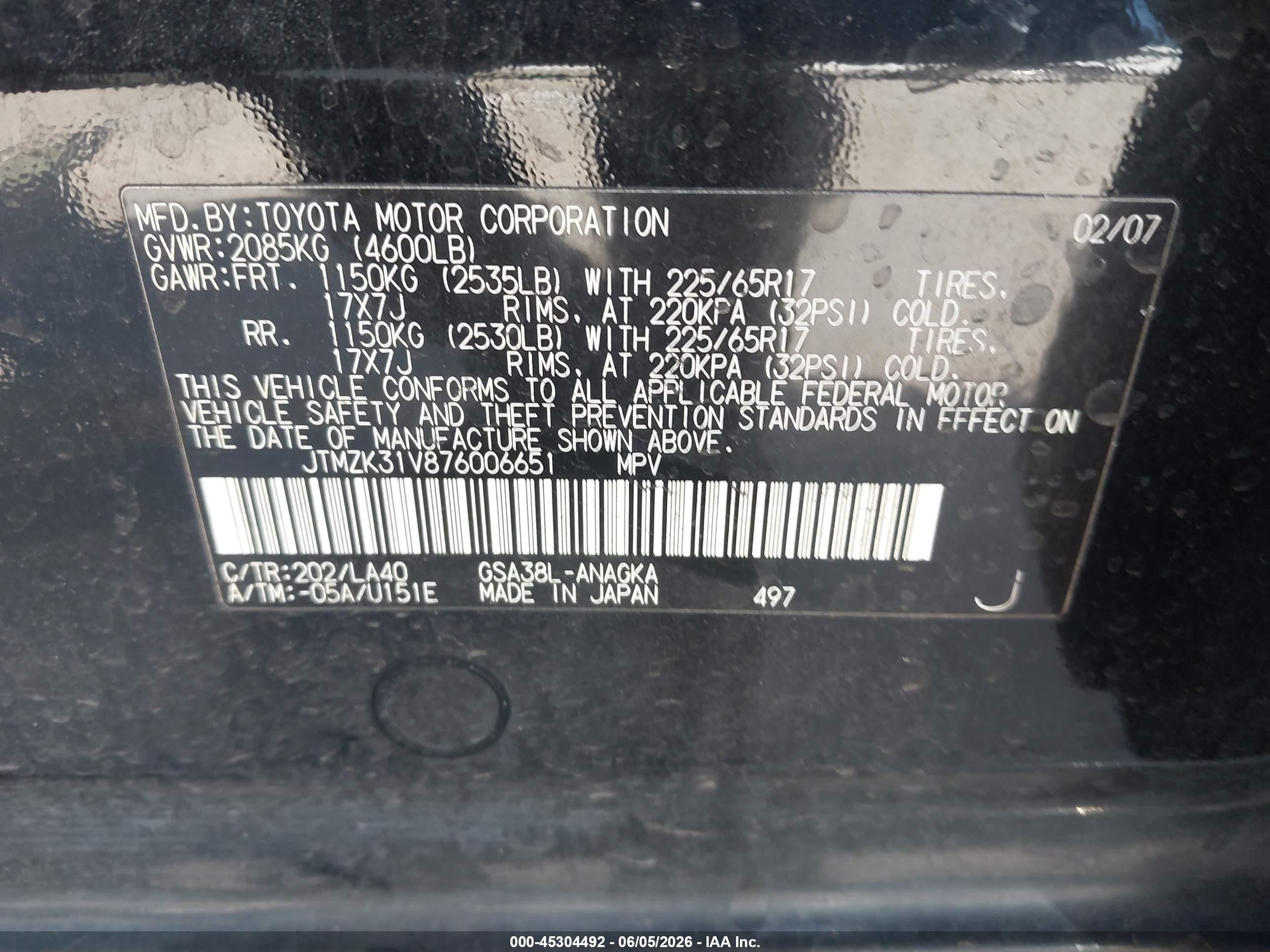 2007 Toyota Rav4 Limited V6 Black vin: JTMZK31V876006651