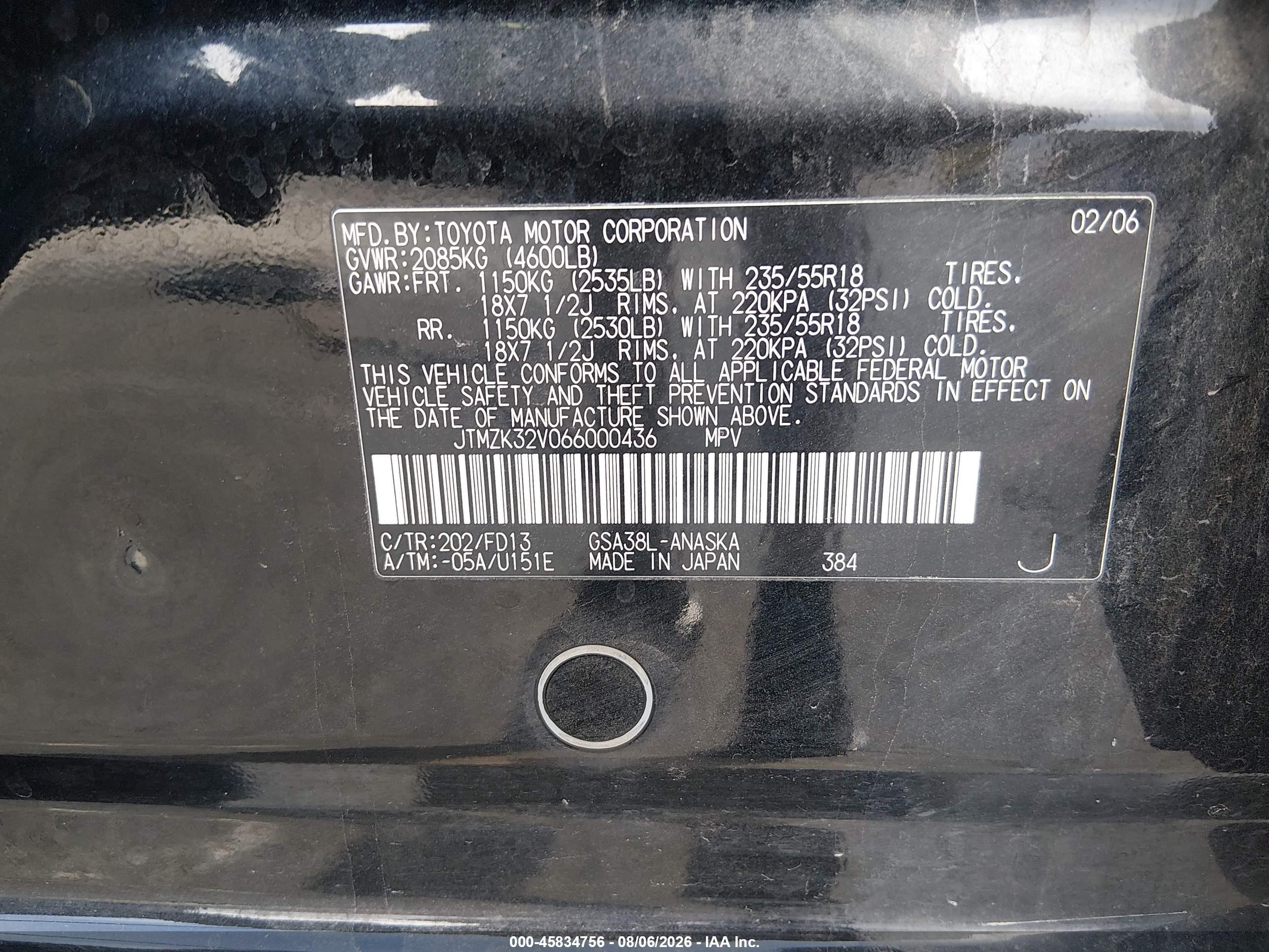 2006 Toyota Rav4 Sport V6 Black vin: JTMZK32V066000436