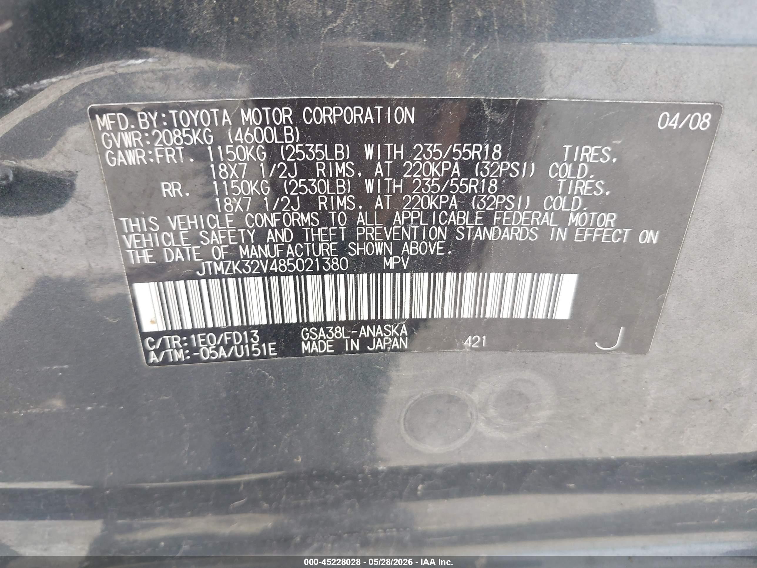 2008 Toyota Rav4 Sport V6 Gray vin: JTMZK32V485021380