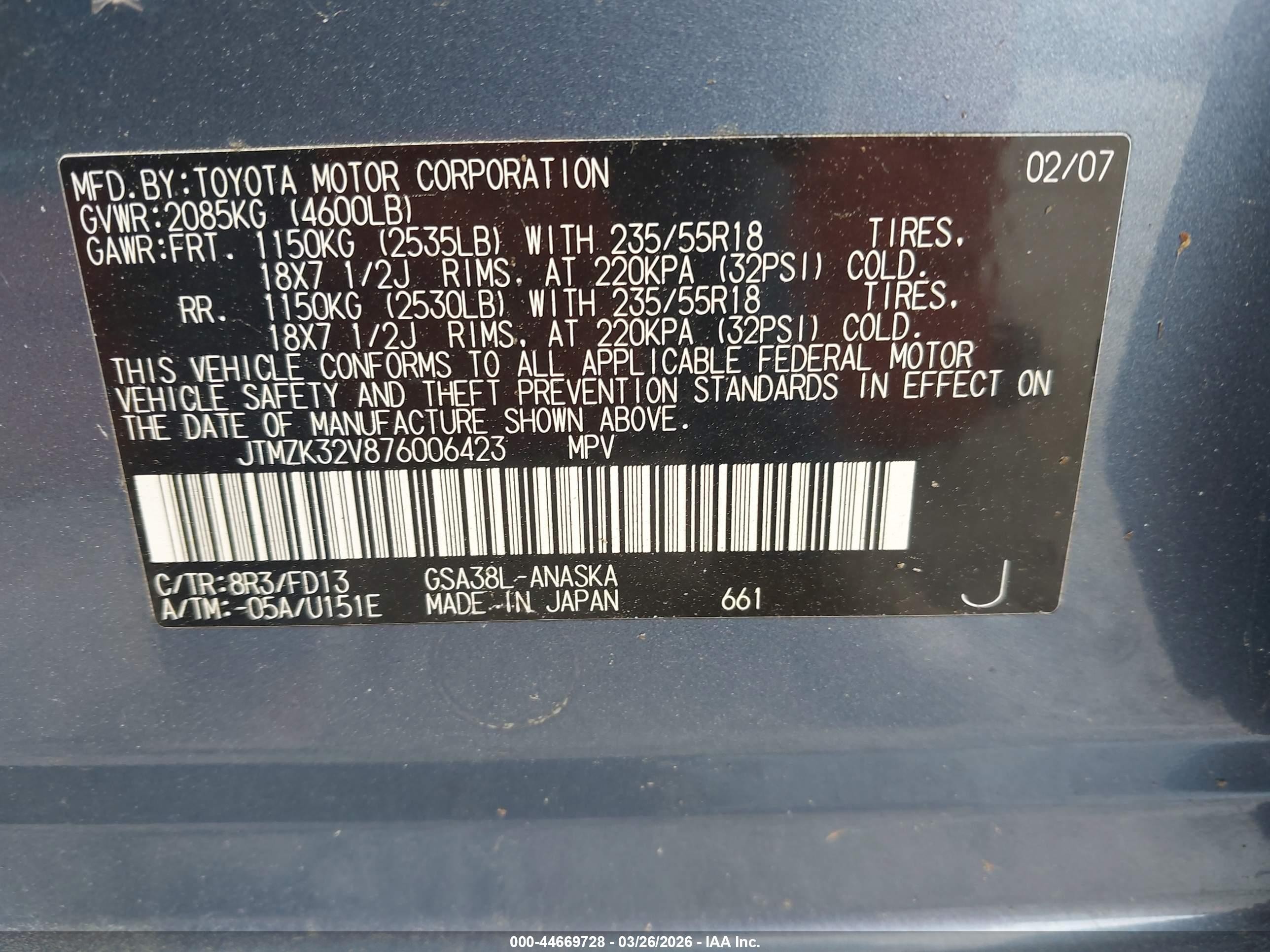 2007 Toyota Rav4 Sport V6 Blue vin: JTMZK32V876006423