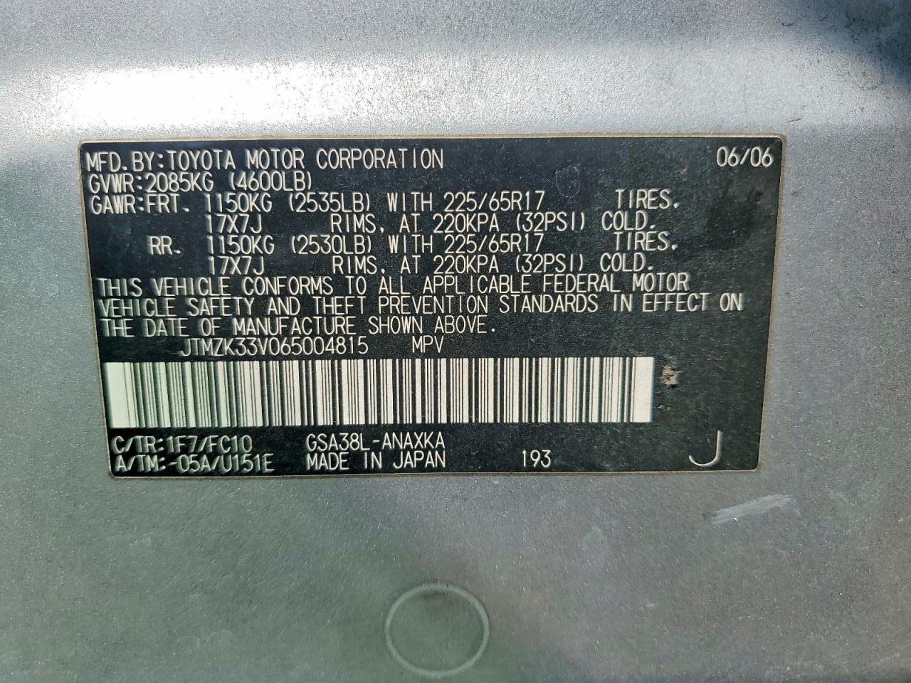 2006 Toyota Rav4 Base Silver vin: JTMZK33V065004815