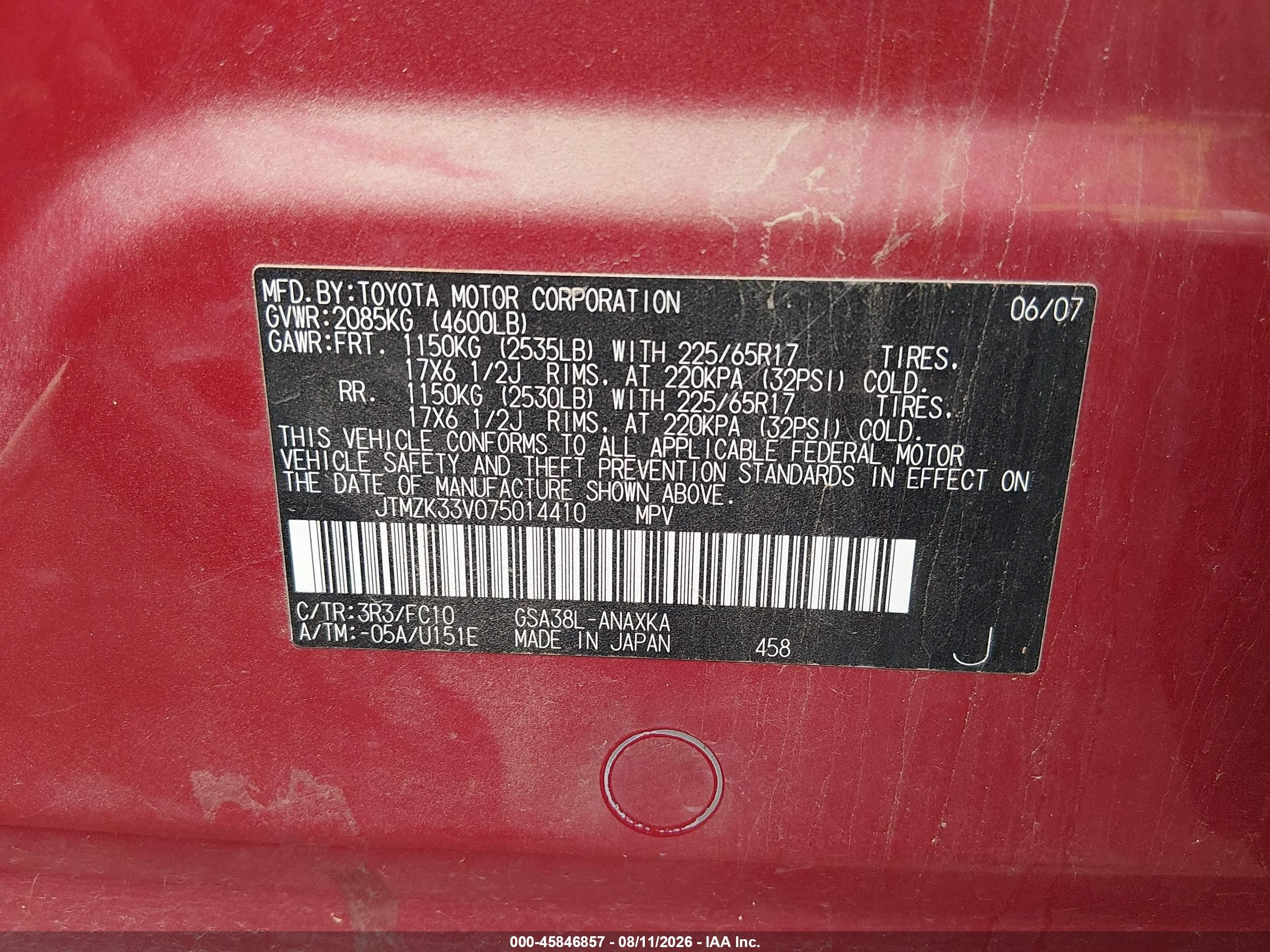 2007 Toyota Rav4 Base V6 (a5) Red vin: JTMZK33V075014410