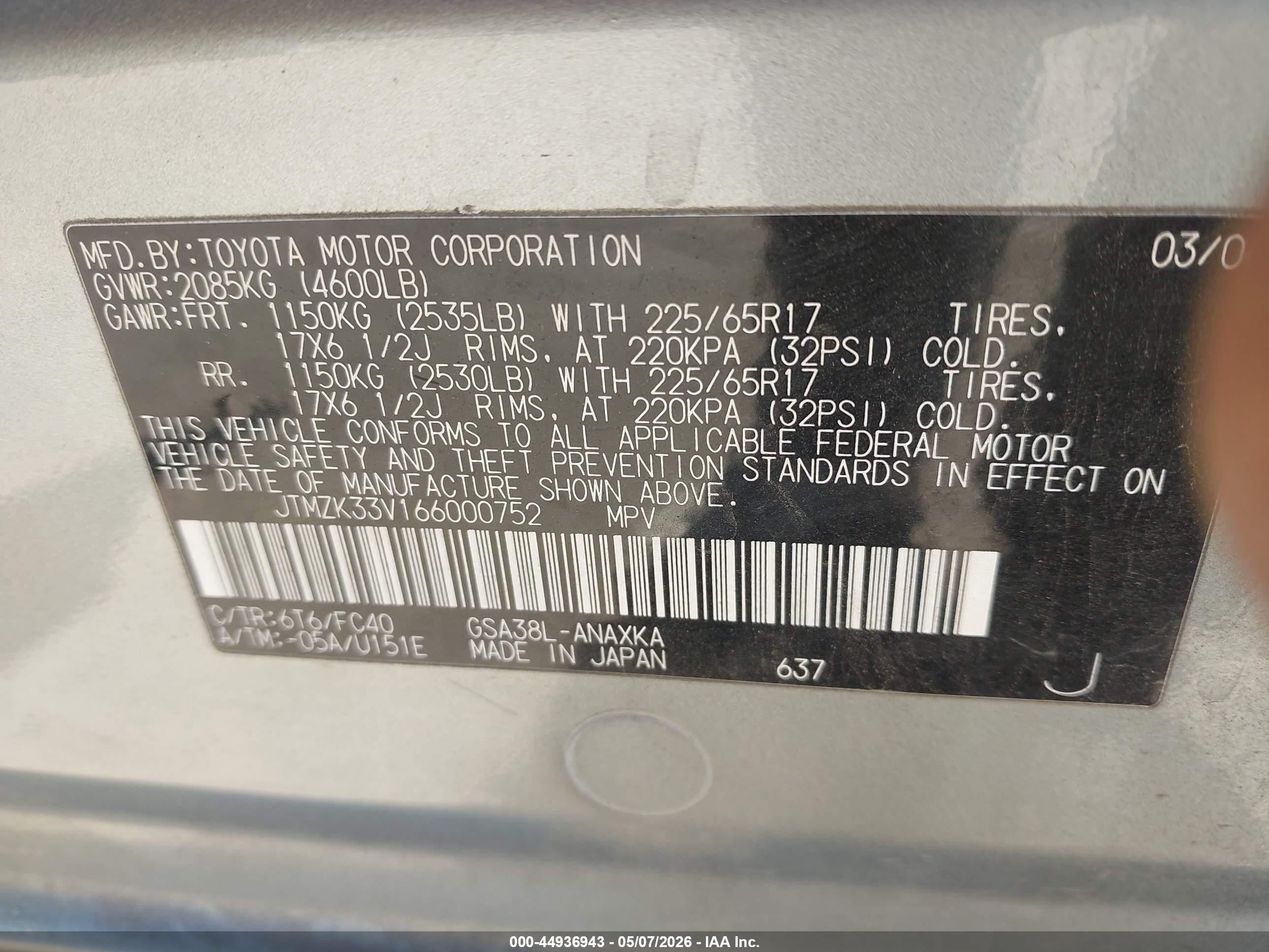 2006 Toyota Rav4 Base V6 Gray vin: JTMZK33V166000752