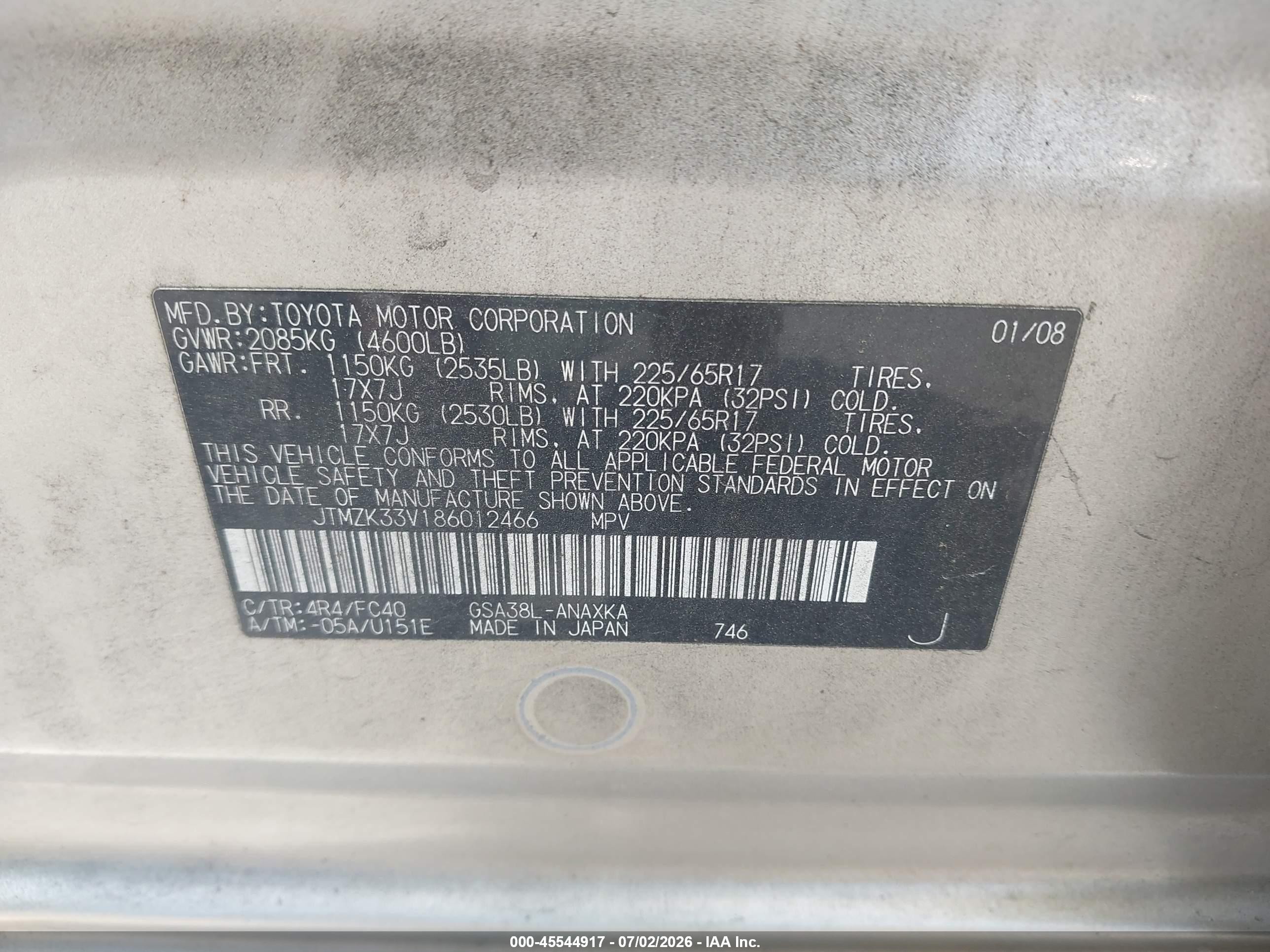 2008 Toyota Rav4 Base V6 Silver vin: JTMZK33V186012466