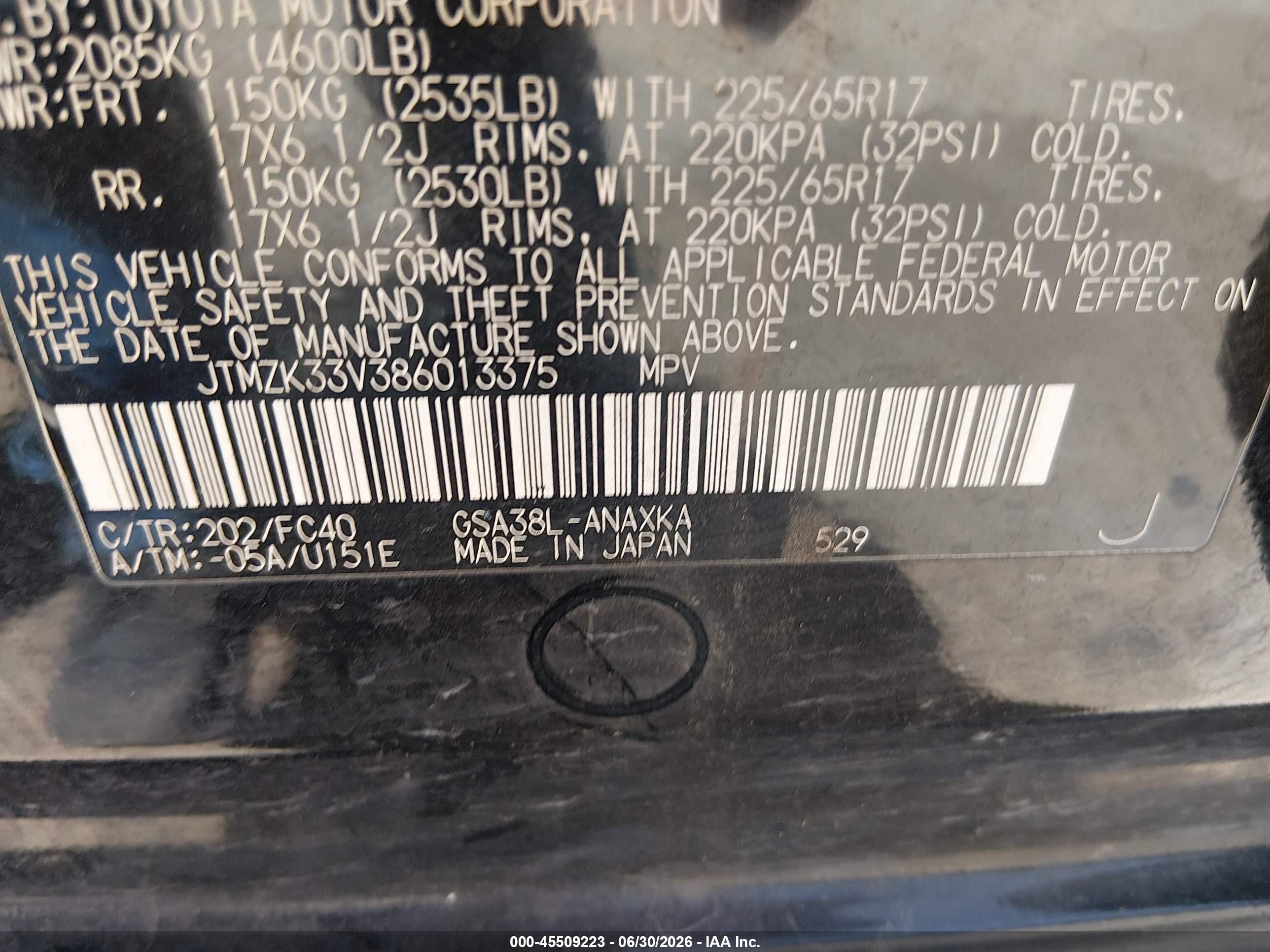 2008 Toyota Rav4 Base V6 Black vin: JTMZK33V386013375