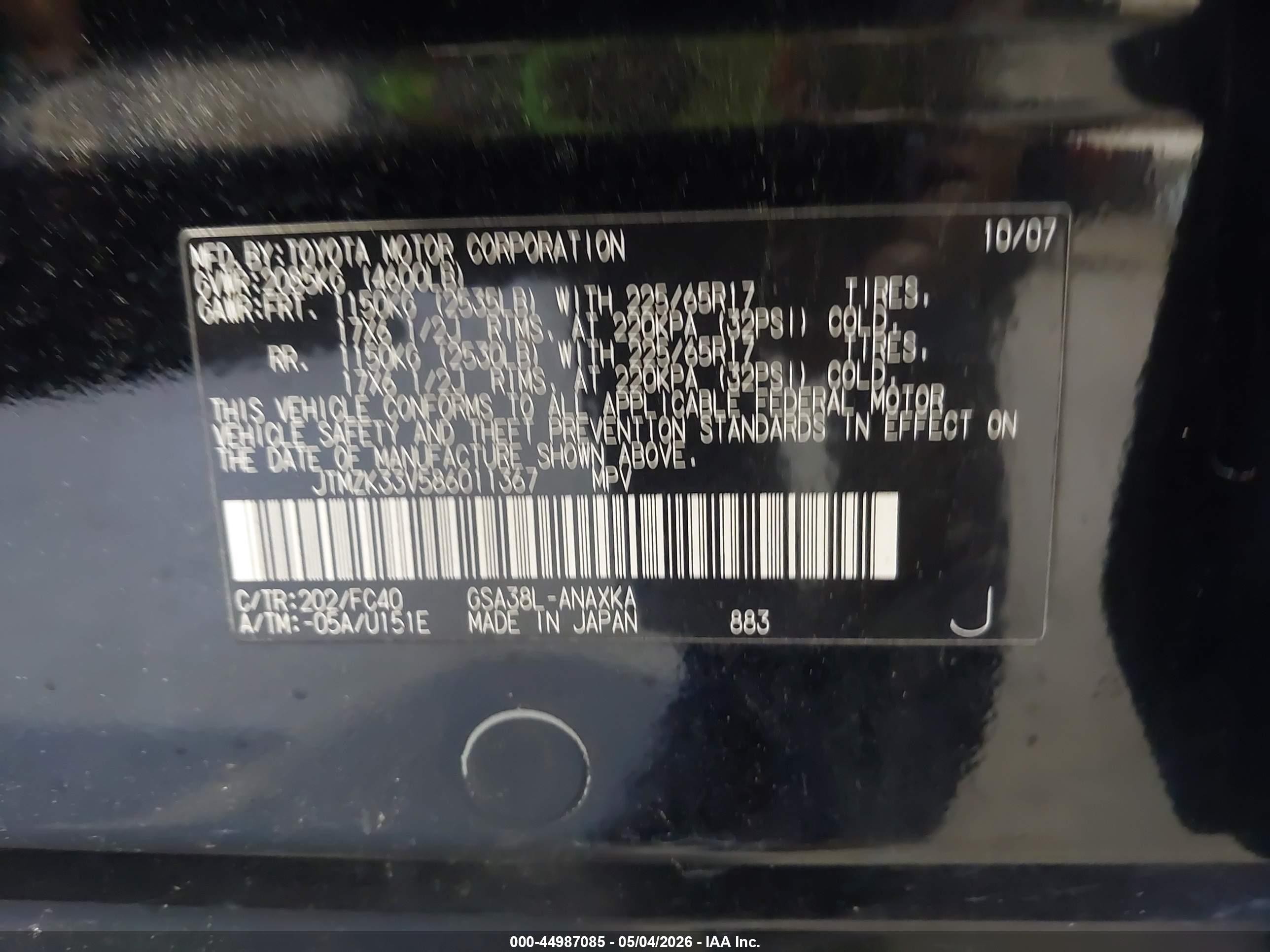 2008 Toyota Rav4 Base V6 Black vin: JTMZK33V586011367
