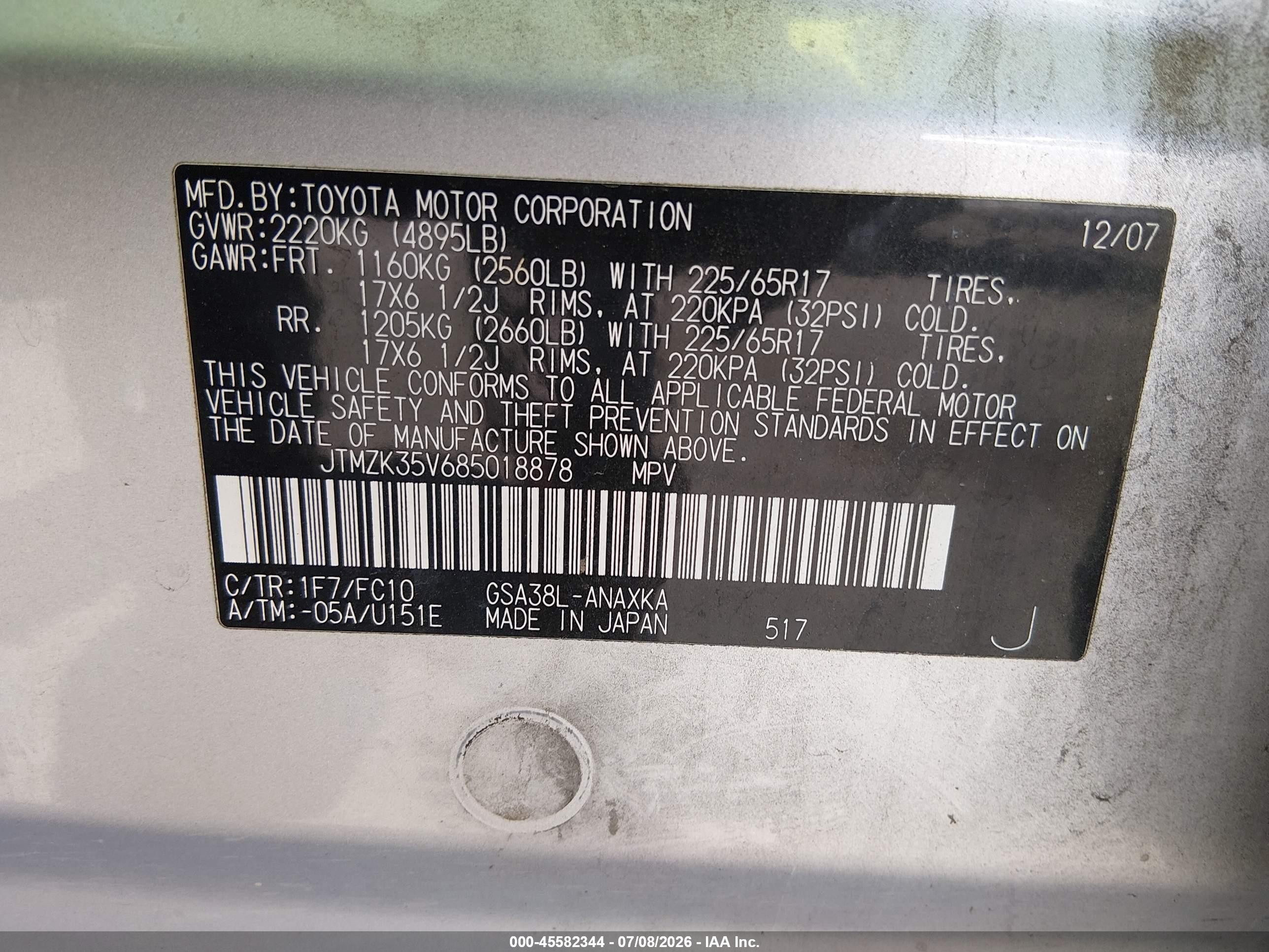2008 Toyota Rav4 Base V6 Silver vin: JTMZK35V685018878