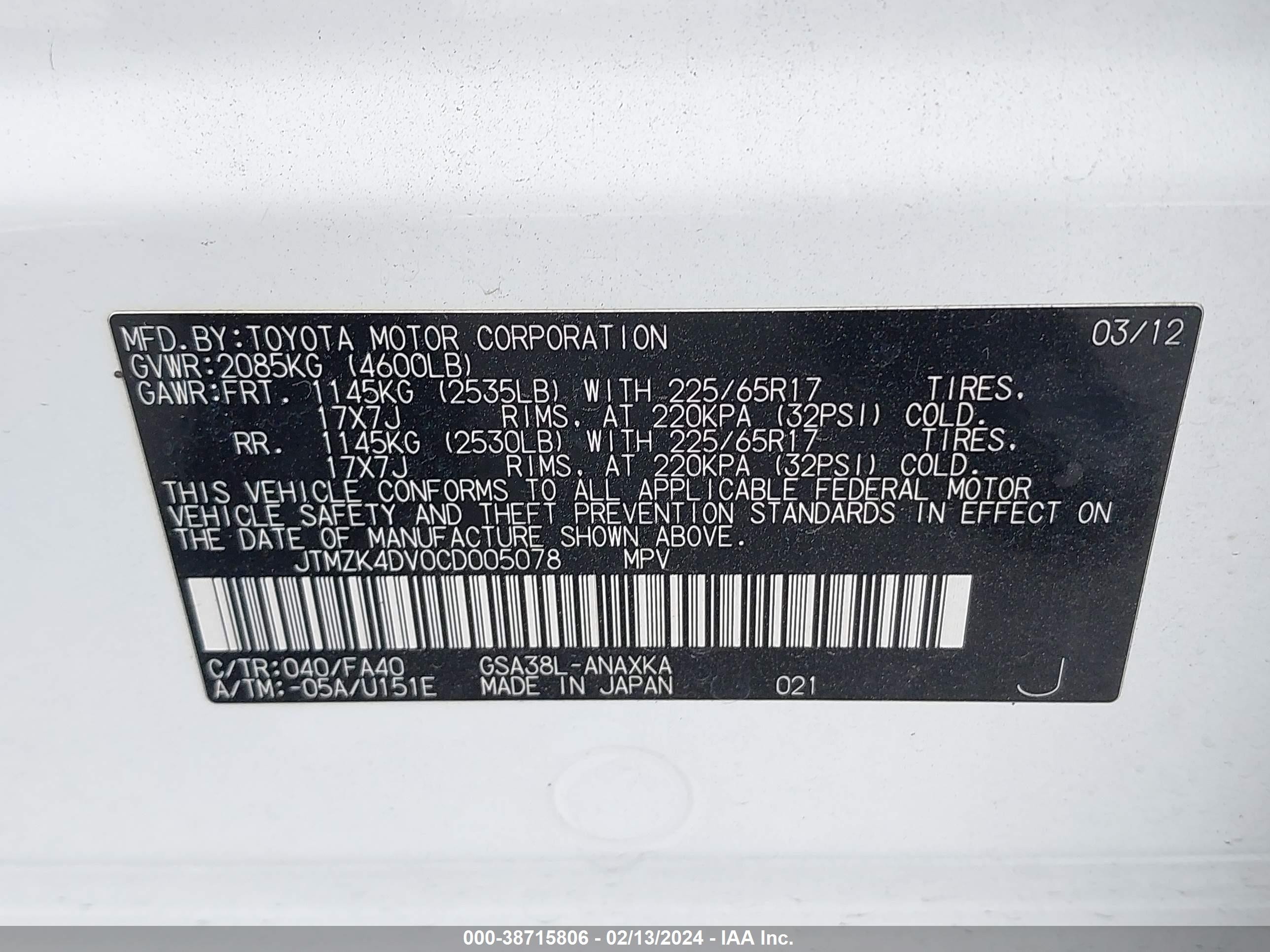 2012 Toyota Rav4 Base V6 White vin: JTMZK4DV0CD005078