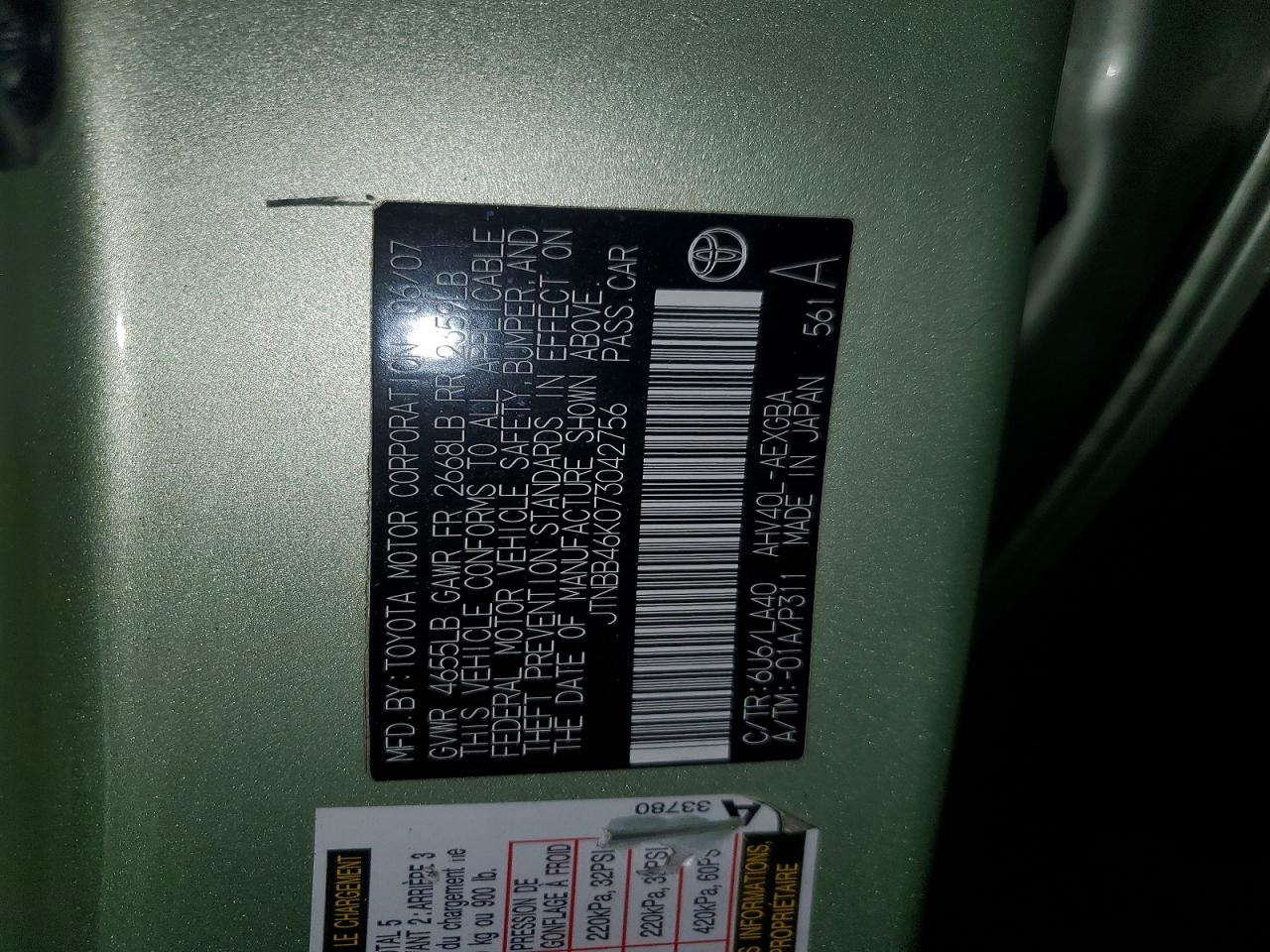 2007 Toyota Camry Hybrid Green vin: JTNBB46K073042756